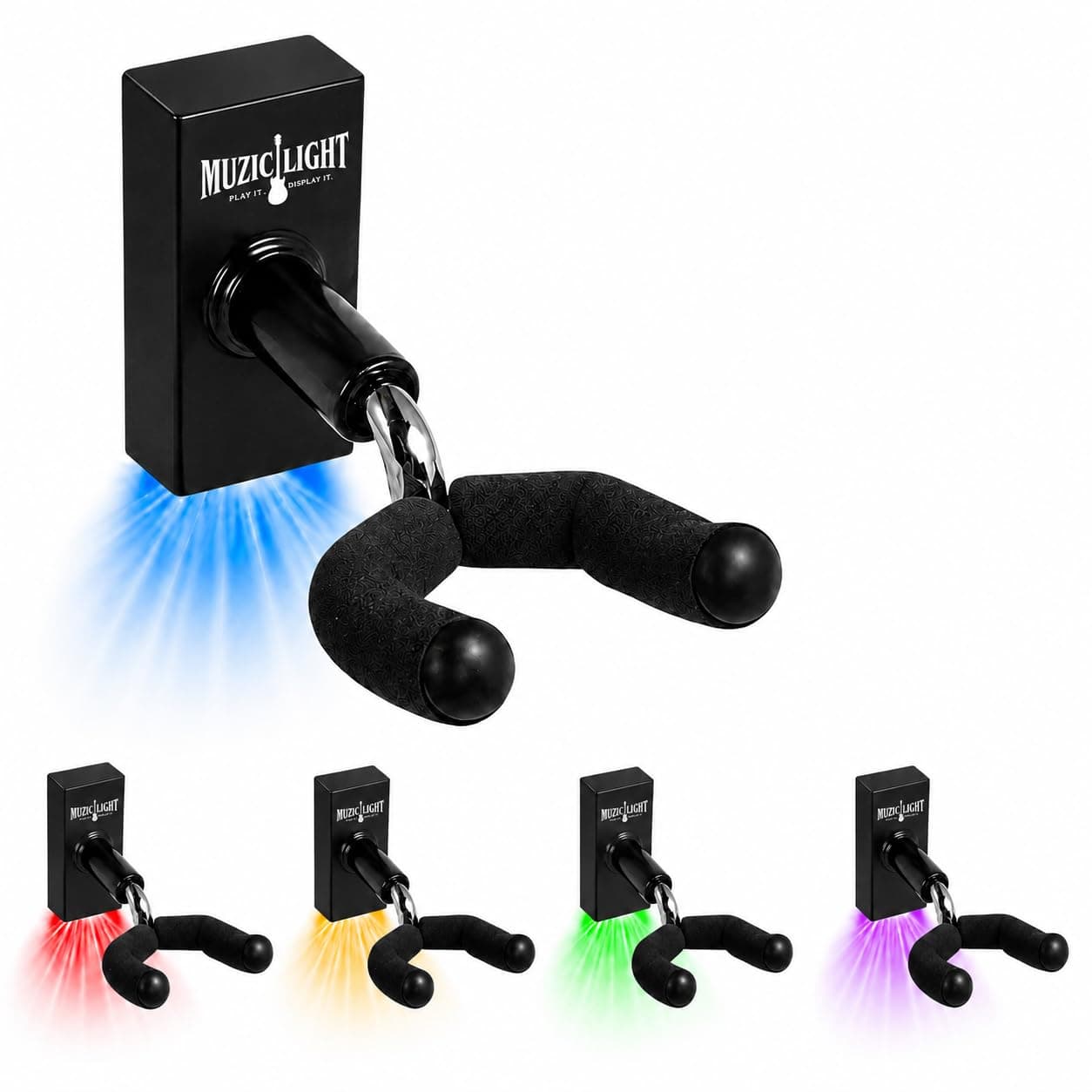 MuzicLight Plastic Foam Light Up Guitar Wall Mount,LED Guitar Wall Hanger,Guitar Wall Bracket with Light,Lit Holder for Electric Guitars,Gift for Guitarist,Awesome Musicians Gift,Guitar Multicolor