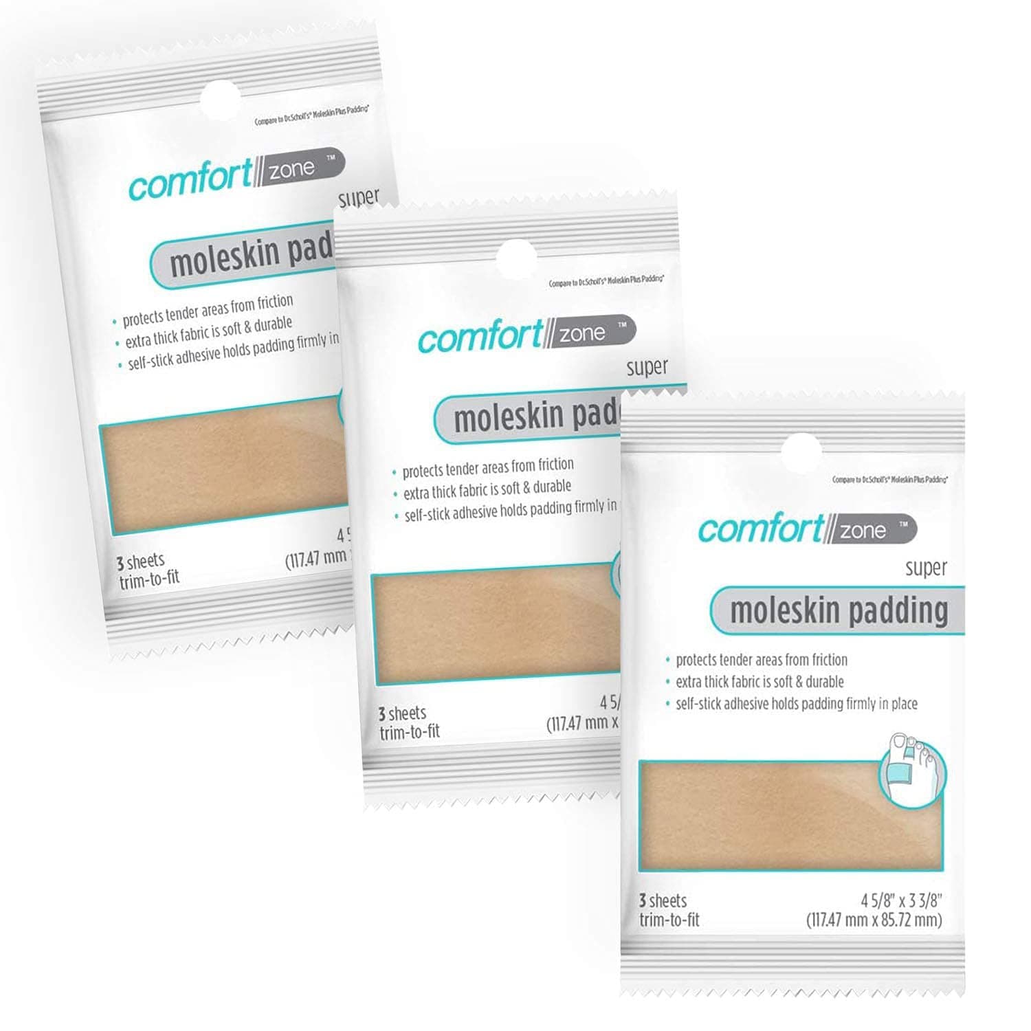 Comfort Zone Super Moleskin Padding, Protects Tender Areas of The Foot from Friction, Pack of 3