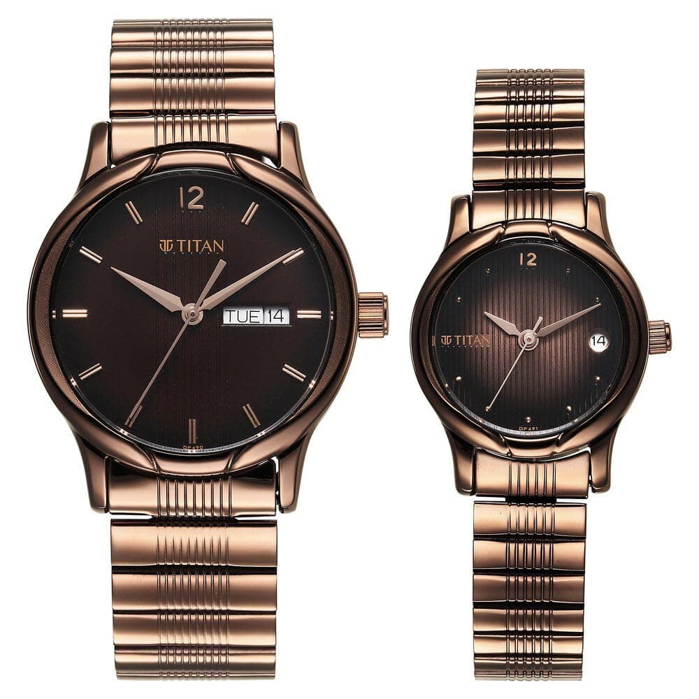 Titan Bandhan Quartz Analog with Date Brown Dial Stainless Steel Strap Watch for Couple-15802490QM01P
