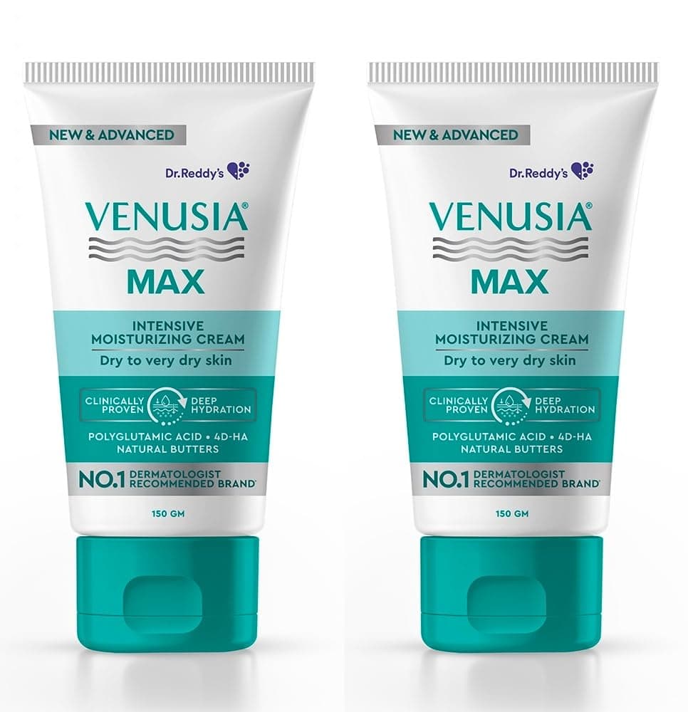 Dr. Reddy's Venusia Max Intensive Moisturizing Cream | Dermatologist Recommended for Dry to Very Dry Skin | Clinically proven for up to 24 hrs. Moisturization | For Face & Body | Cocoa Butter, Mango Butter & Aloe Butter | 150g (Pack of 2).