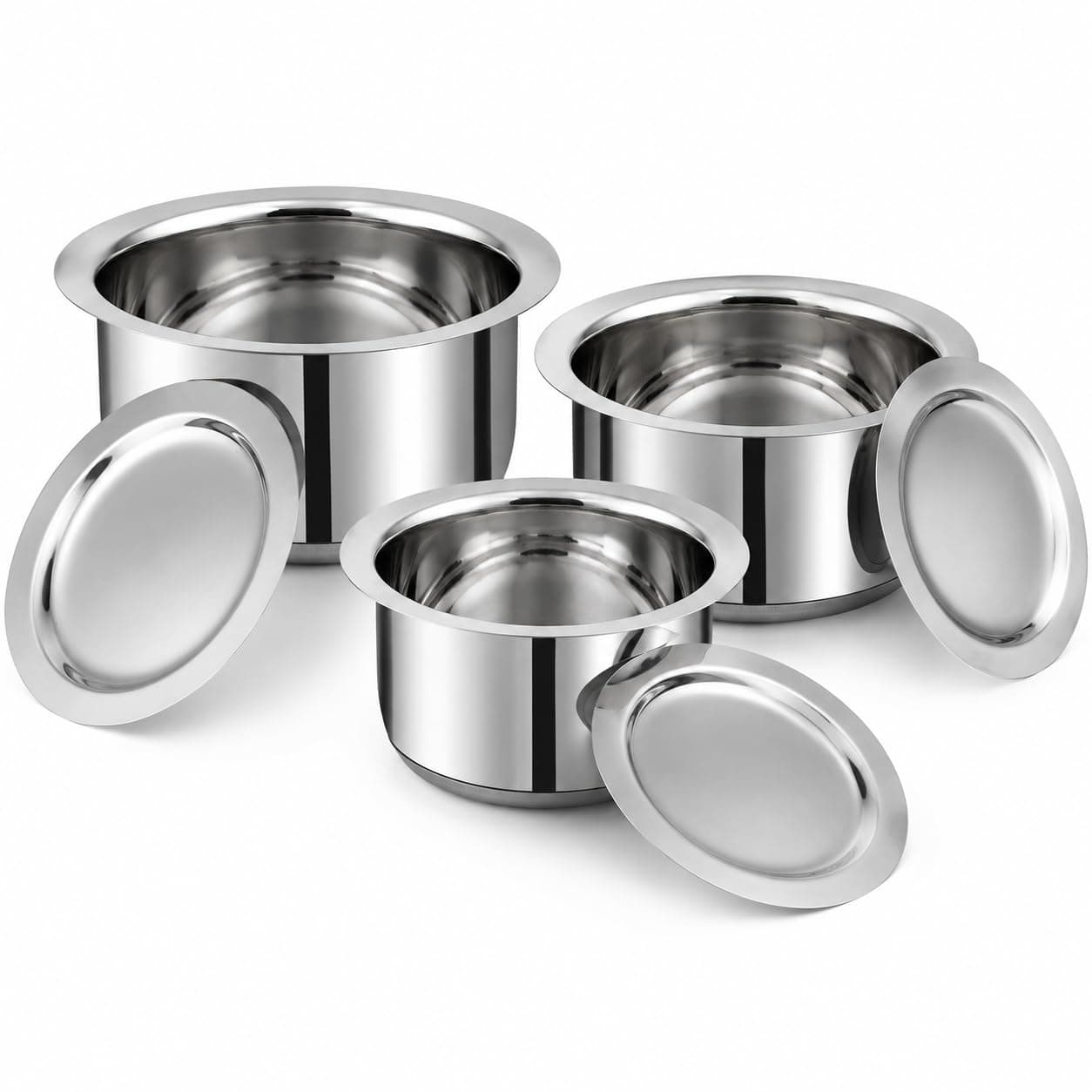 Vinod Stainless Steel Tope Set with Lid, 3 Pieces, 1L 1.4L 1.8L, Heavy Sandwich Bottom, Induction & Gas Compatible, Dishwasher Safe Stackable Patila Cookware Set for Everyday Boiling and Cooking Needs