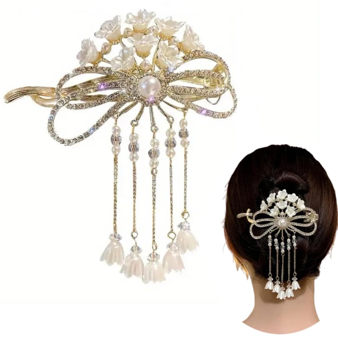 HONEY ACCESSORIES-1PCS Vintage Lily Flower Pearl Banana Clip Flower Banana Comb Metal Hair Barrette Tassel Hair Clip Pin Alloy Clincher Clip French Ponytail Holder Accessories for Women and Girls