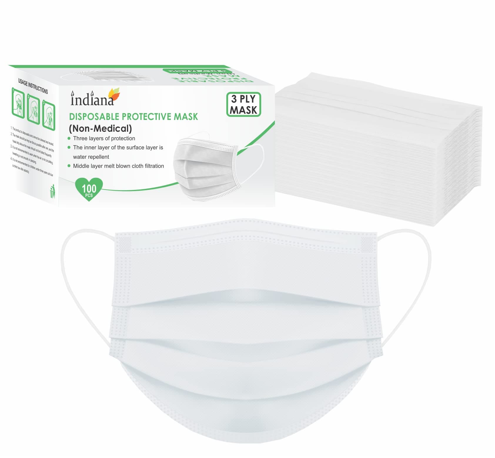 Indiana as offered by nature Unisex Nonwoven Fabric Indiana Non-Woven 3 Ply Reusable Mask With Nose Pin White, Ultrasonic Soft Loops Pack Of 100)