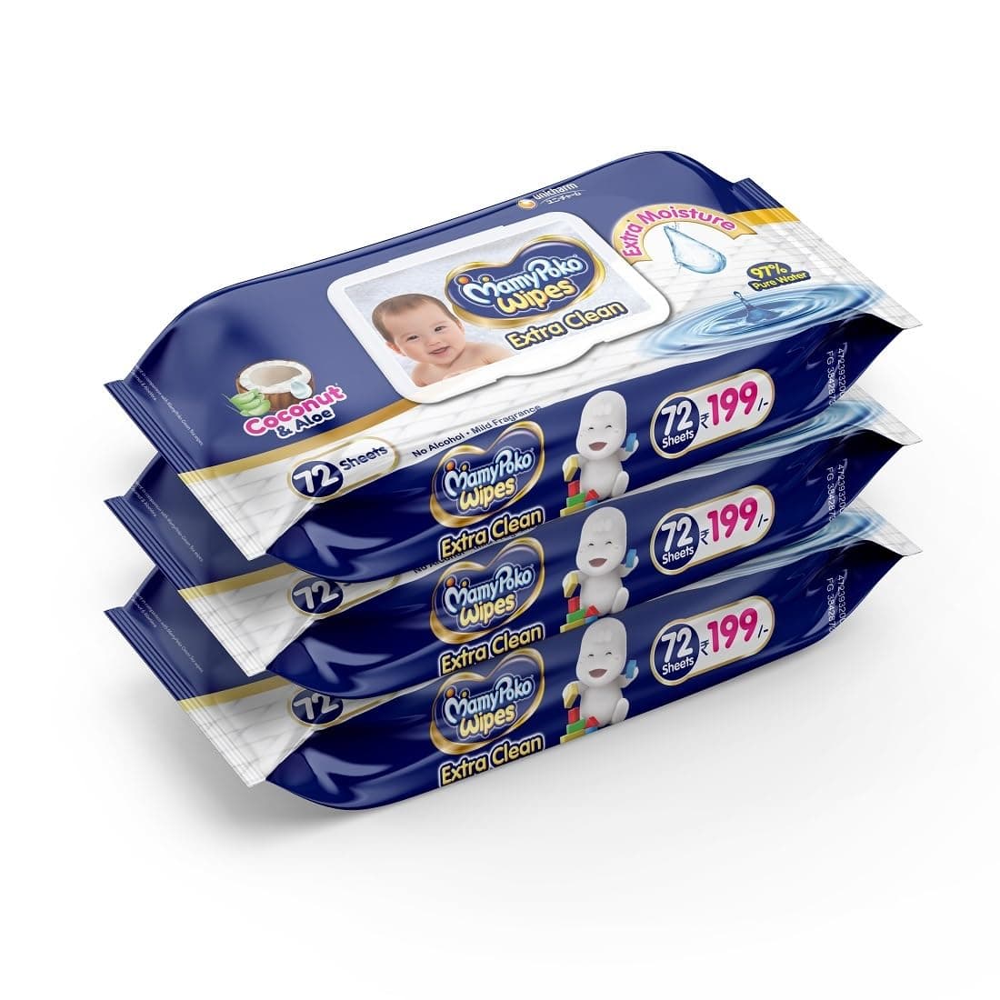 MamyPoko Pants Extra Clean Baby Wipes With Lid, 72 Sheets (Pack Of 3)