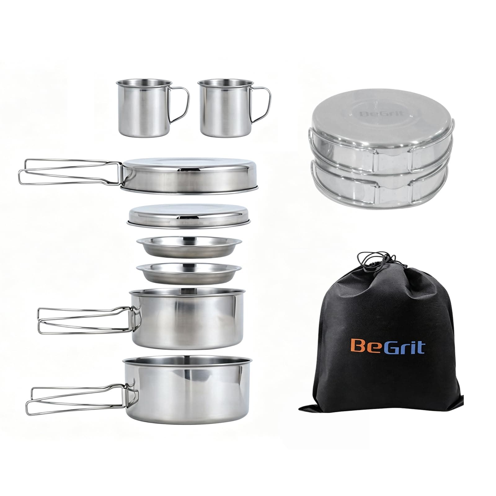 BeGrit Backpacking Camping Cookware Picnic Camp Cooking Cook Set for Hiking 8pcs set 410 Stainless Steel