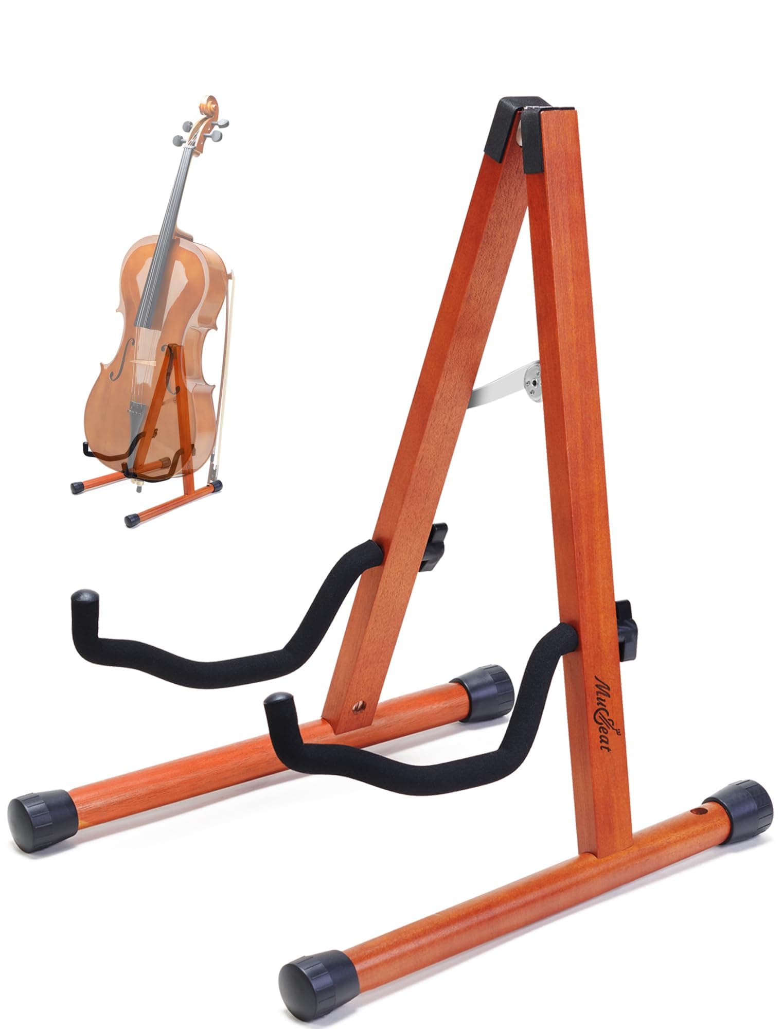 Musbeat Mahogany Cello Stand, A-Frame with Bow Holder, Padded Foam, Fits 1/8 to 4/4 Cello, Guitar
