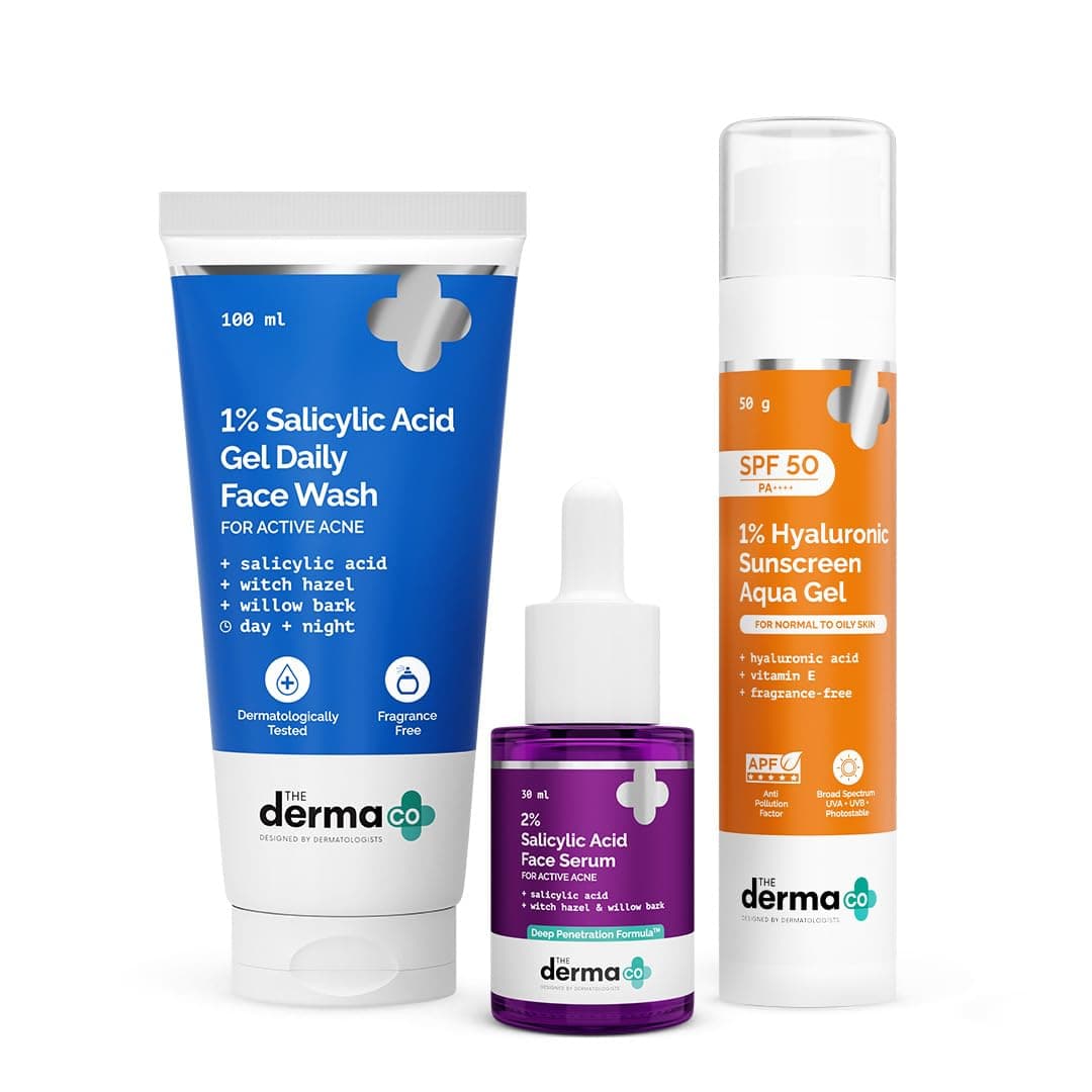 The Derma Co Anti Acne Skincare Routine Kit For All Skin 1% Salicylic Acid Gel Face Wash+2% Salicylic Acid Serum+1% Hyaluronic Sunscreen Aqua Gel|Broad Spectrum Protection Spf 50 Pa++++|Unisex,3 Count