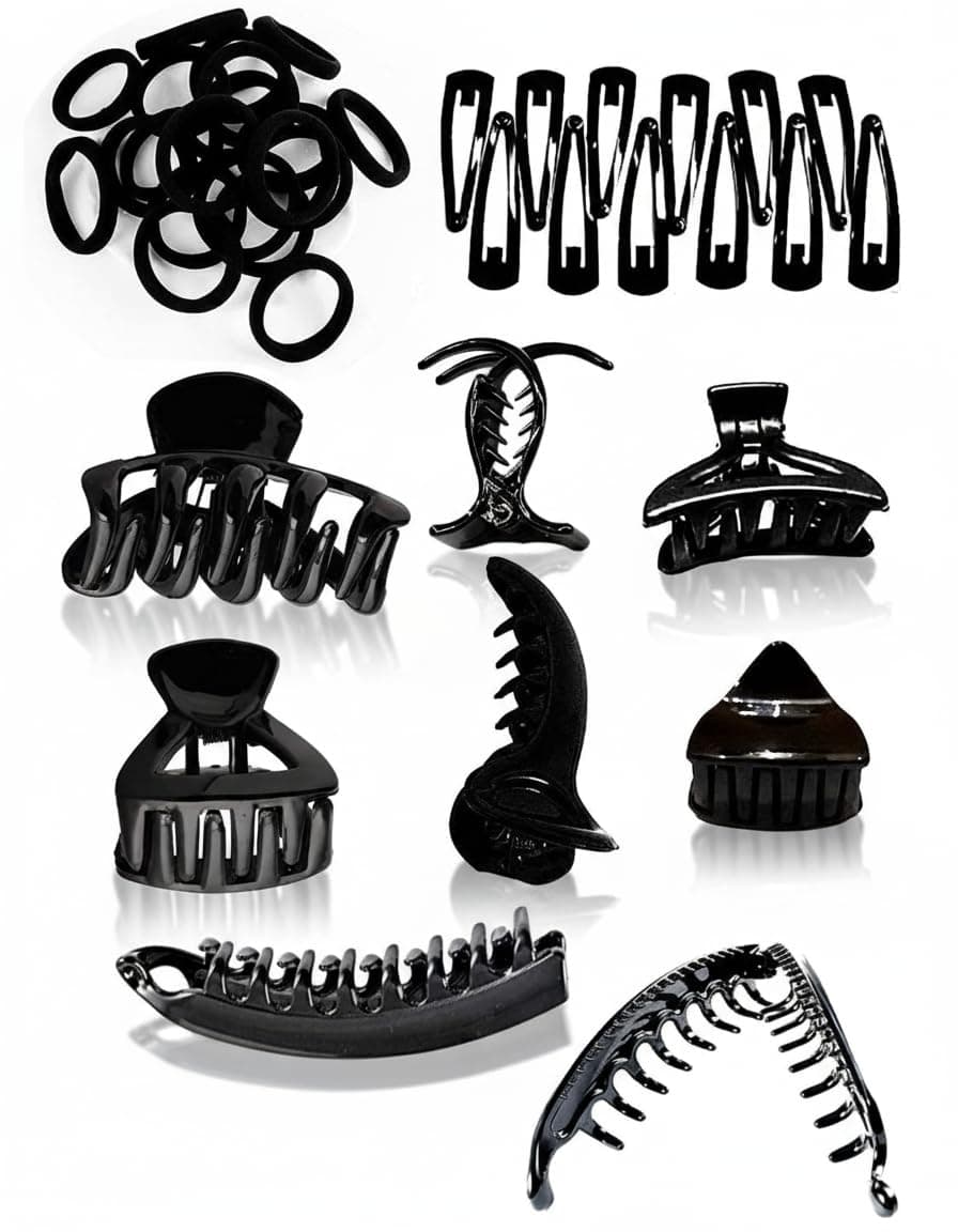 BHARATGAURAV Combo of 48 Black Rubber Hair Band 30, Tic Tac 12, Banana Claw and Black Hair Claw 7 for Woman, School Girls