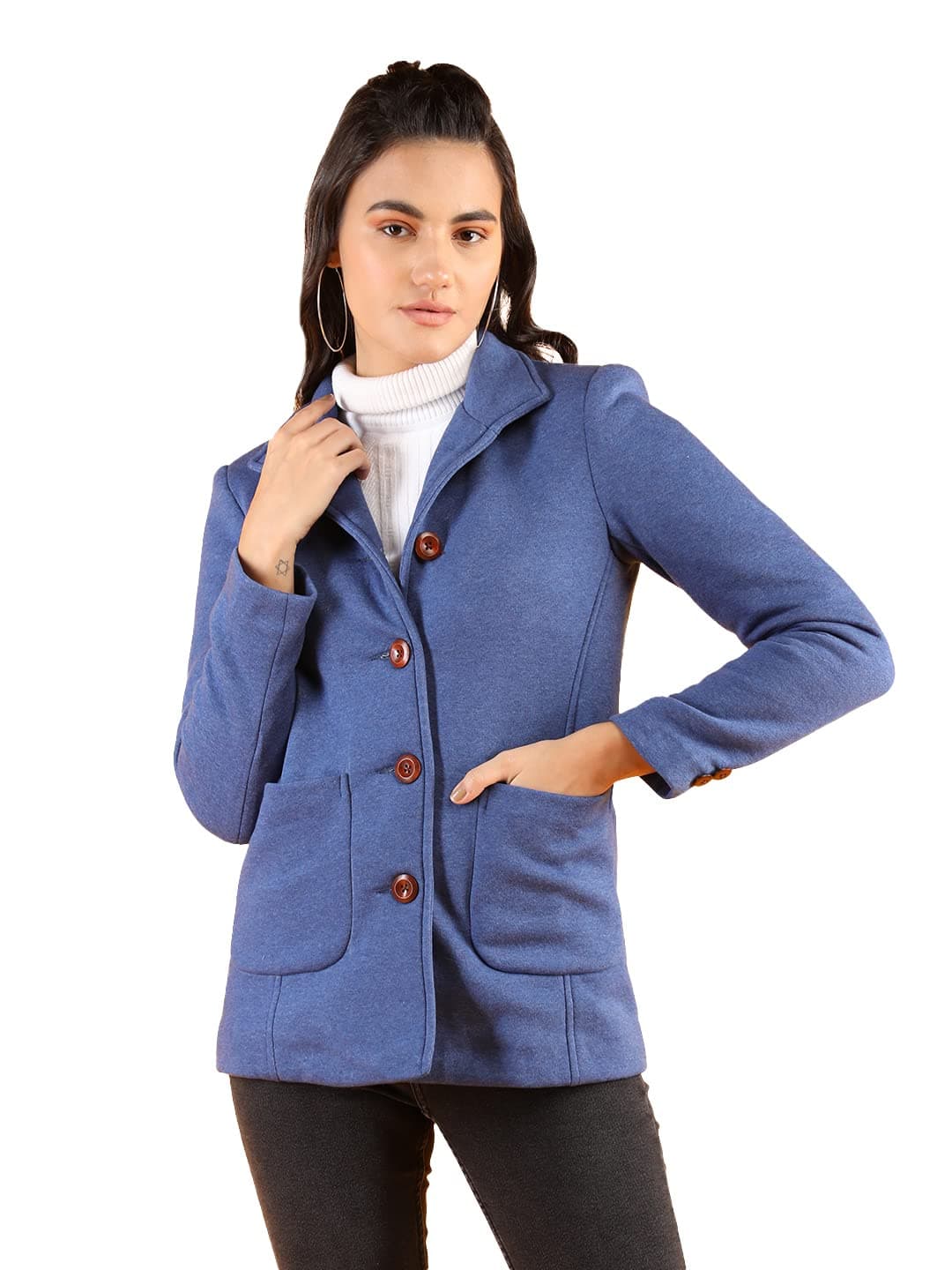 CHKOKKO Winter Wear Single Breasted Stylish Coat Blazer For Women Blueberry S - Wool, Standard Length