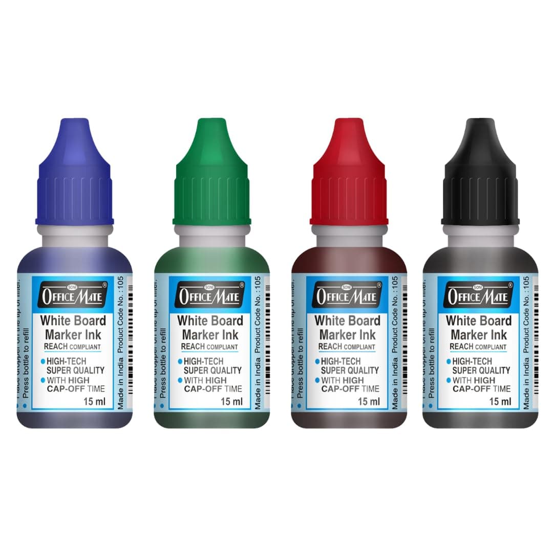Soni Officemate Whiteboard Marker Ink -15ml | Pack of 4 (Mix) |Black, Blue, Red & Green | Smooth, Easy Wipe, Long-Lasting Ink | Eco-Friendly & Bright