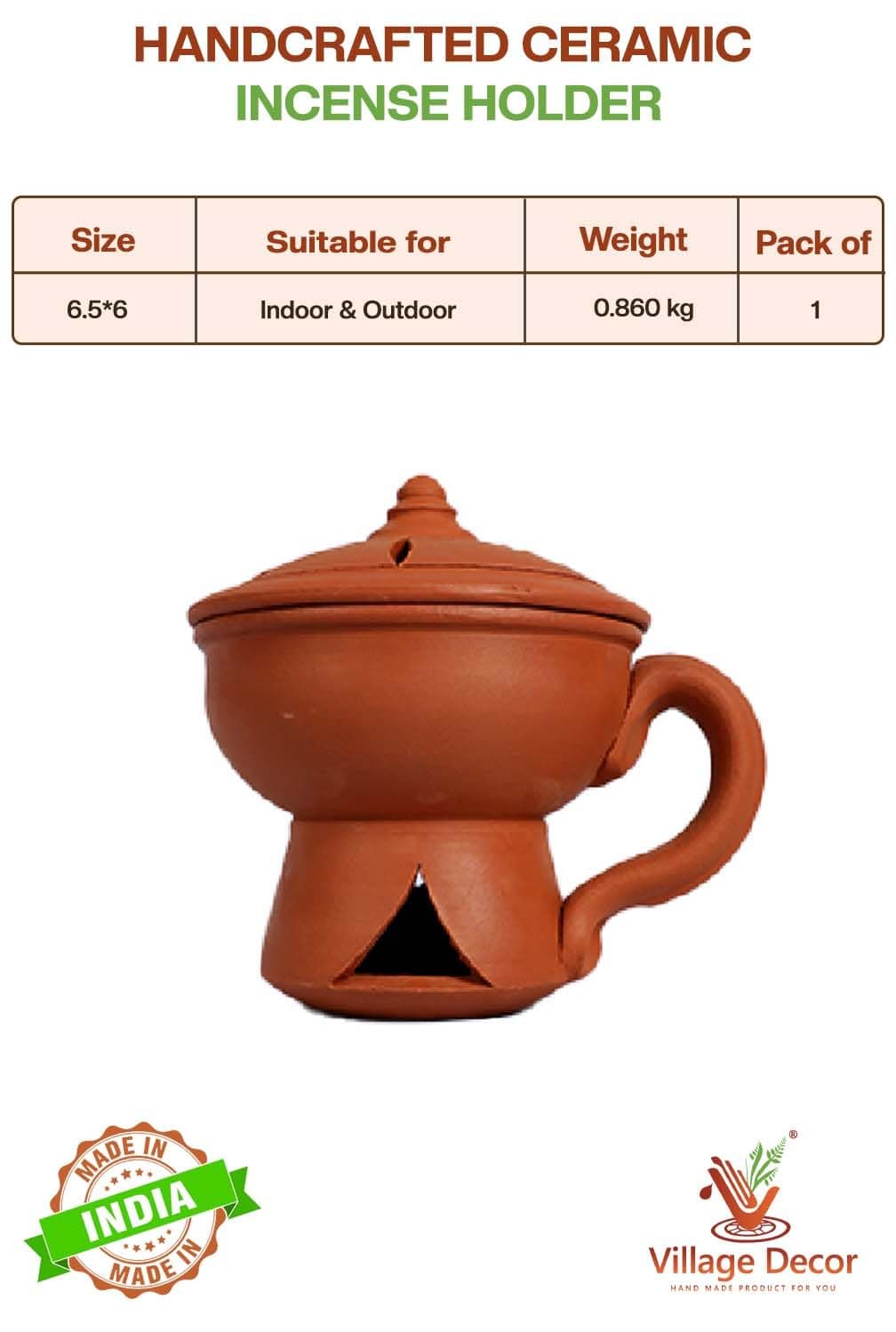 Village Decor Clay Sambrani Holder with lid Brown Color/Incense Holder -Pack 1 Dia :5 inch