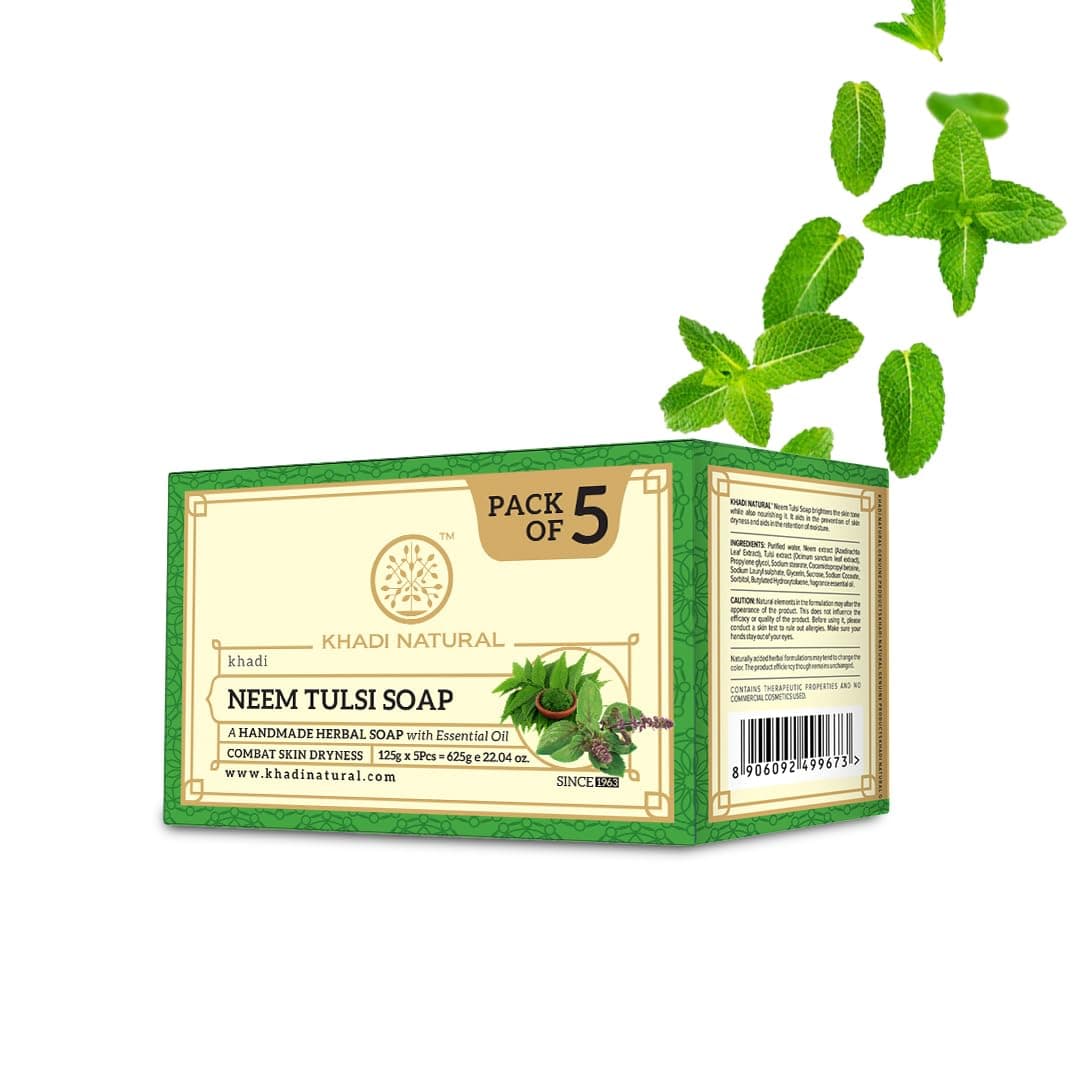 Khadi Natural Neem Tulsi Soap | Handmade | Herbal Soap for Removing Dirt & Impurities | Suitable for All Skin Types| (Pack of 5) (5x125 g) (625 g)