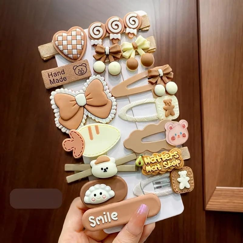 VELLUMTRO 14 Pcs Baby Hair Clip, Bear And Smily Clip Brown Flower Hair clips Bow Hair Accessories for Little Girl Teens Toddler Kids