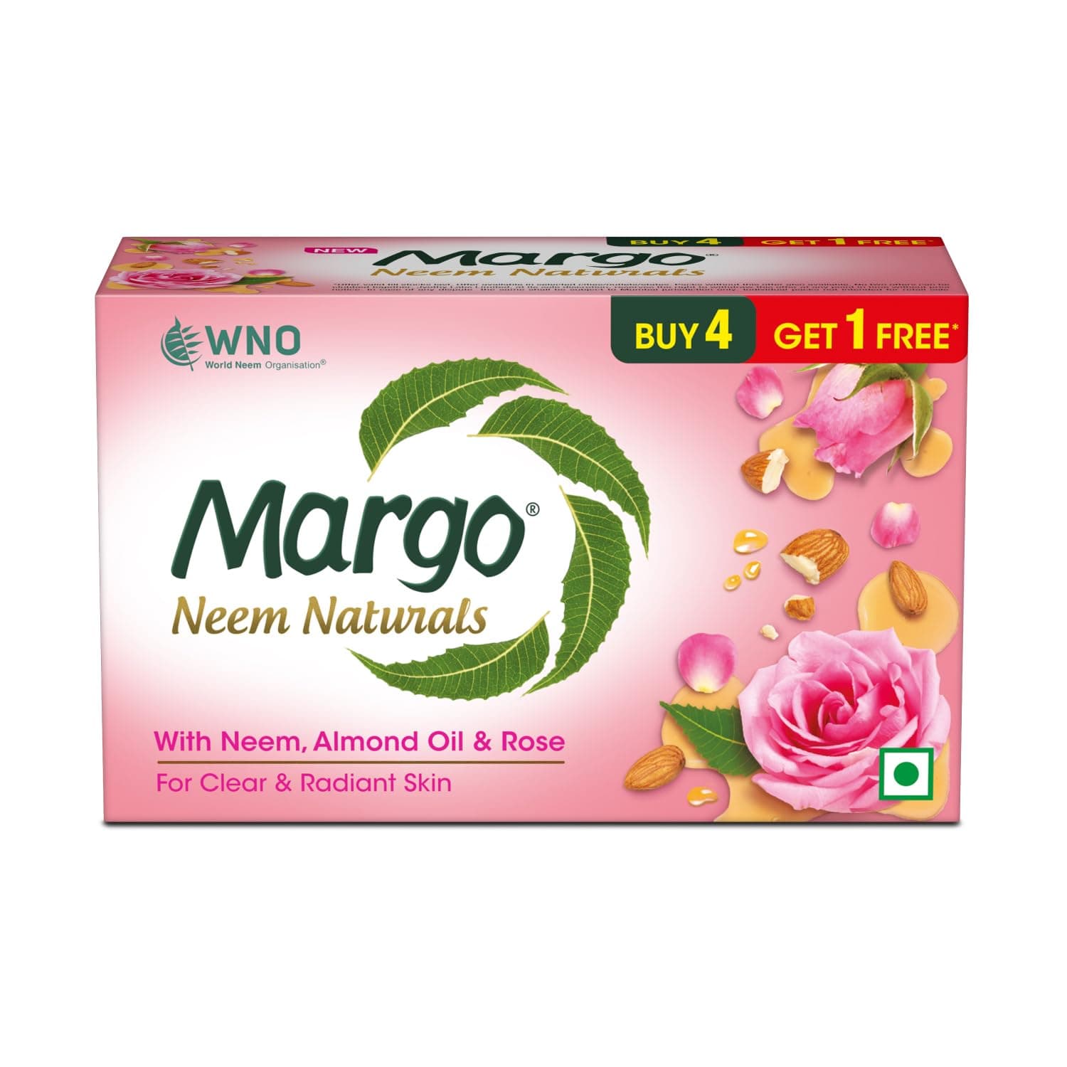 Margo Neem Naturals Soap with Goodness of 1000 Neem Leaves (100gm X Pack of 5) | Enriched With Almond Oil & Rose | Soap for Clear & Radiant Skin [100GM X 5]