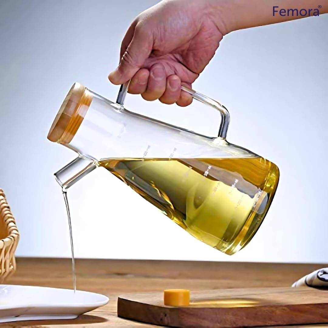 Femora Borosilicate Glass Oil Dispenser 1000ml | Wooden Lid | BPA Free | Measurement Markings | Leakproof & Precise Pour Nozzle | Dishwasher Safe | 1 Year Warranty | Pack of 1