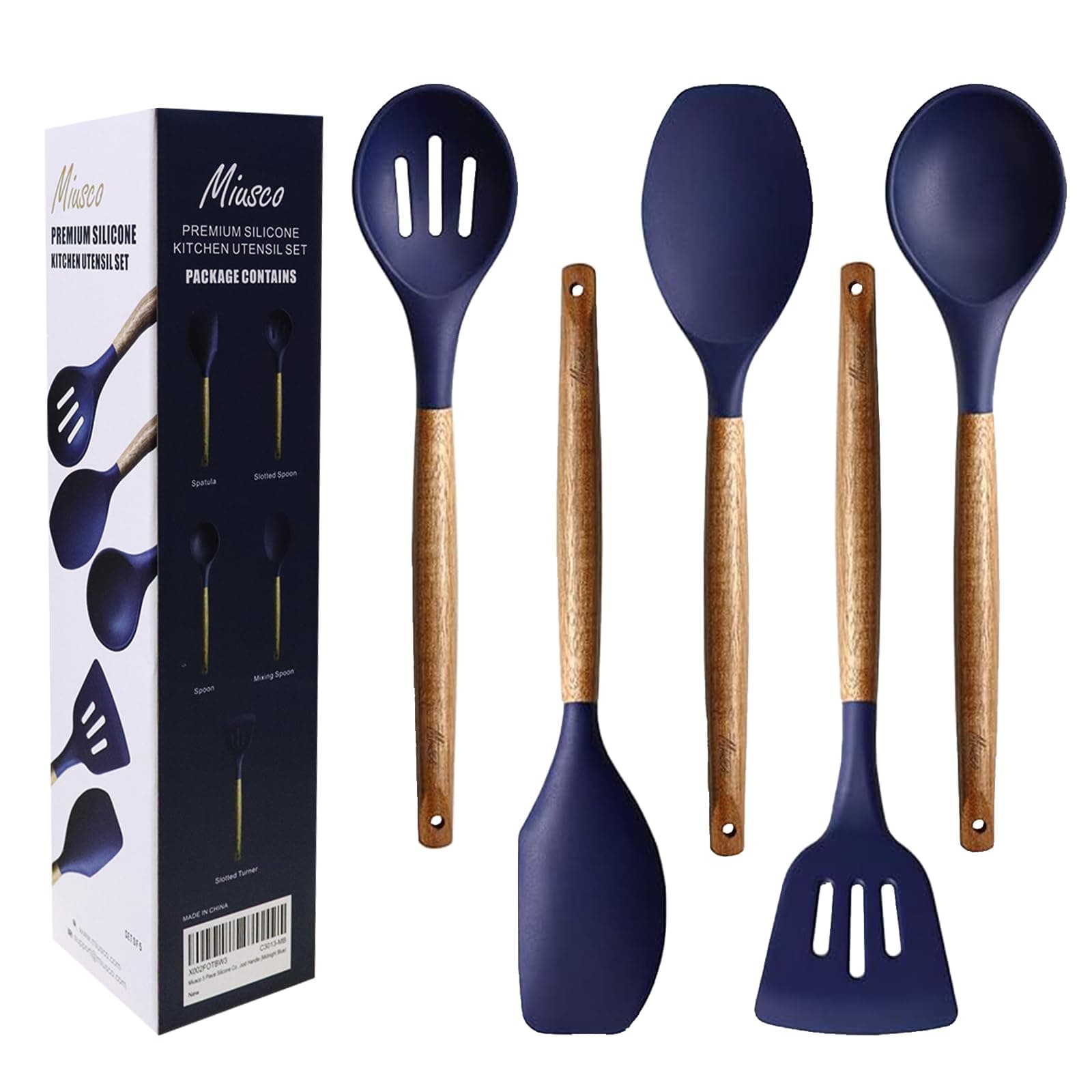 Miusco Non-Stick Silicone Cooking Utensils Set with Natural Acacia Hard Wood Handle, 5 Piece, Midnight Blue, High Heat Resistant