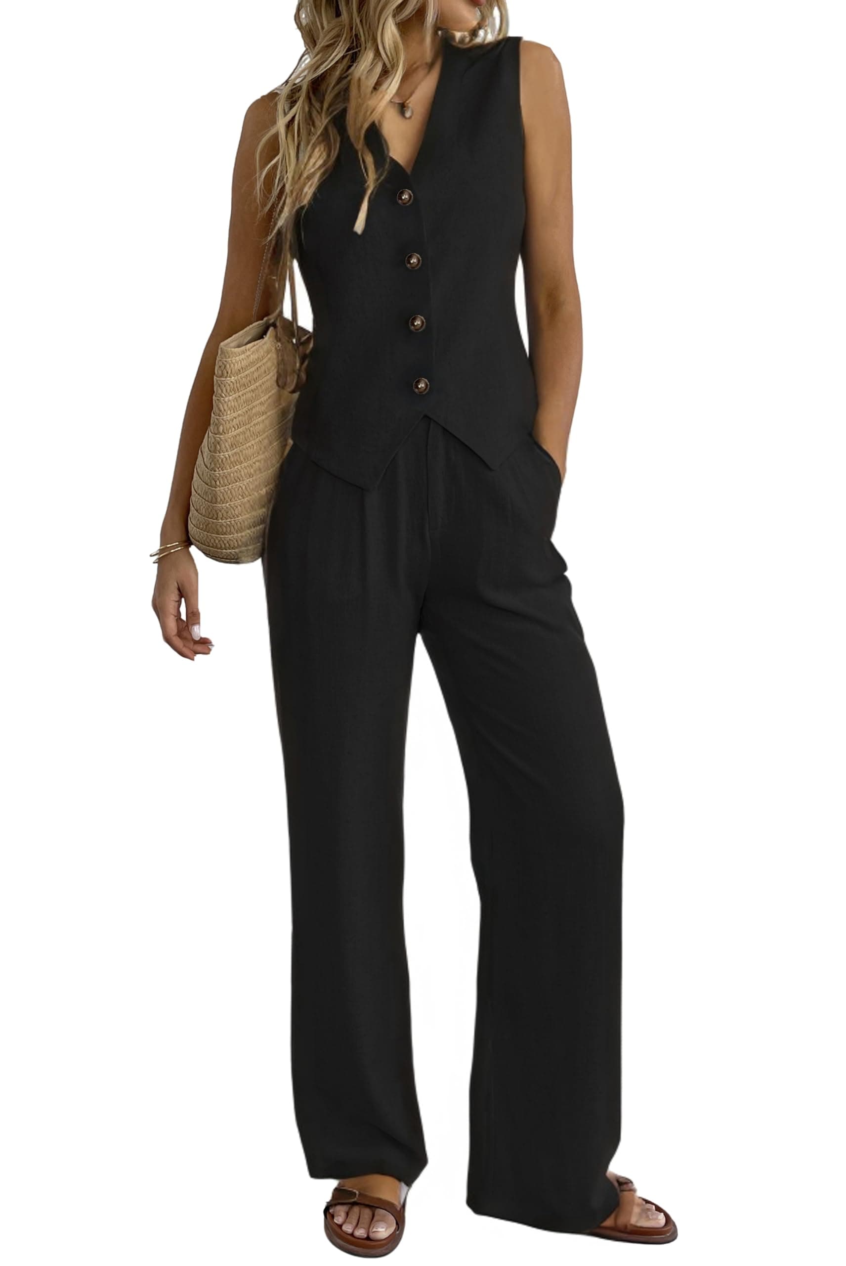 Women's 2 Piece Outfits Linen Vest Waistcoat Dressy Casual Sets Wide Leg Pants Suits
