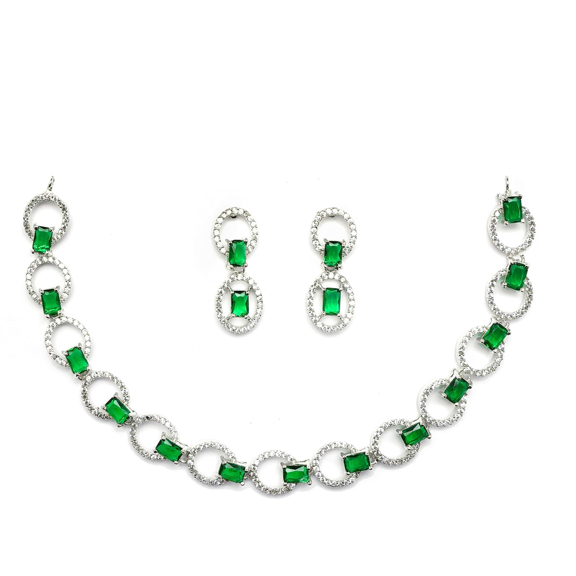 ZENEME Rhodium-Plated American Diamond Studded Disc-Shaped Necklace With Earrings Jewellery Set For Girls and Women