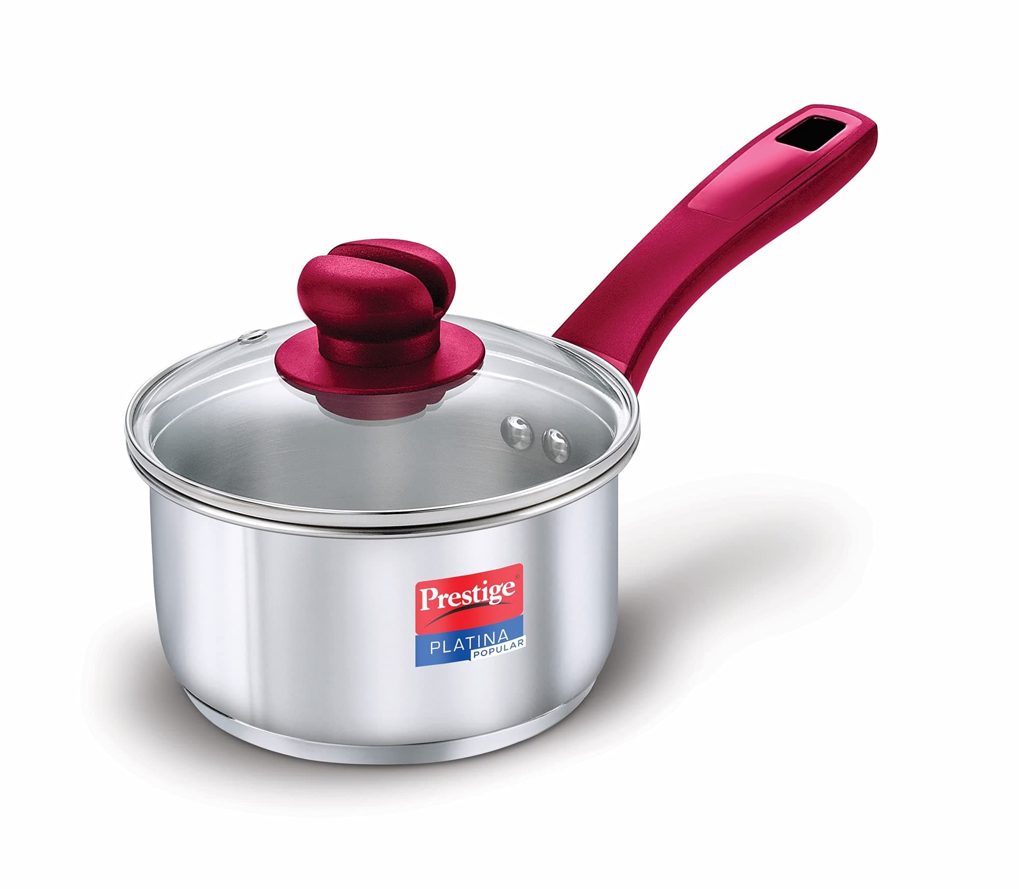 Prestige Platina Popular Stainless Steel Gas and Induction Compatible Sauce Pan with Glass Lid, 180 mm