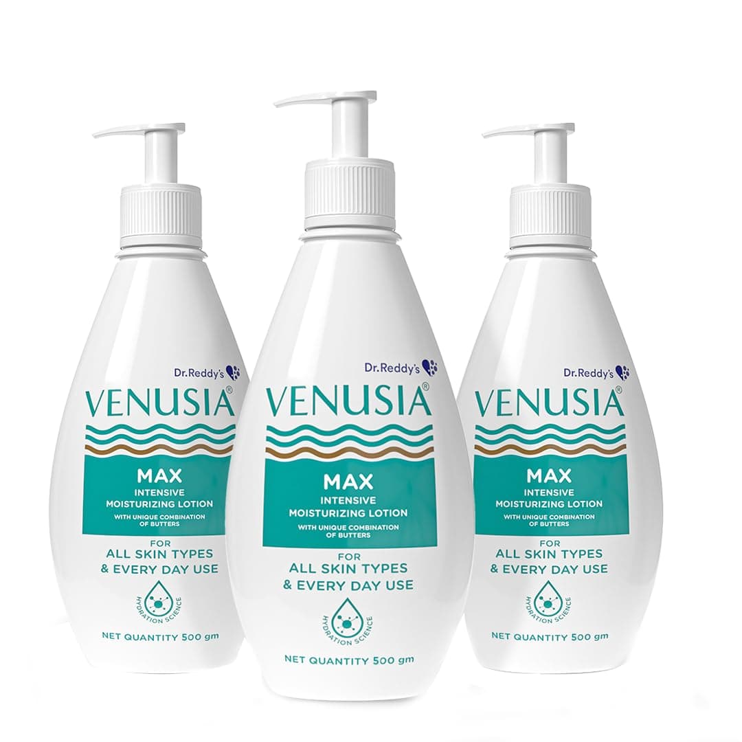 Dr. Reddy's Venusia Max Intensive Moisturizing Lotion | Dermatologist Recommended | Clinically Proven, Long-Lasting Moisturization | For Normal to Very Dry Skin | Cocoa Butter, Shea Butter, Mango Butter and Aloe Butter | 500 g (Pack of 3).