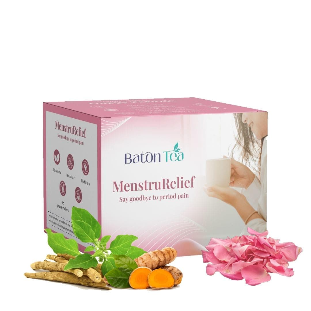Baton Tea MenstruRelief Period Pain Relief Tea Bags for Women | Herbal Menstrual Tea for Cramps, PMS, Bloating & Cycle Comfort | Natural Ayurvedic Herbal Blend | No Artificial Additives