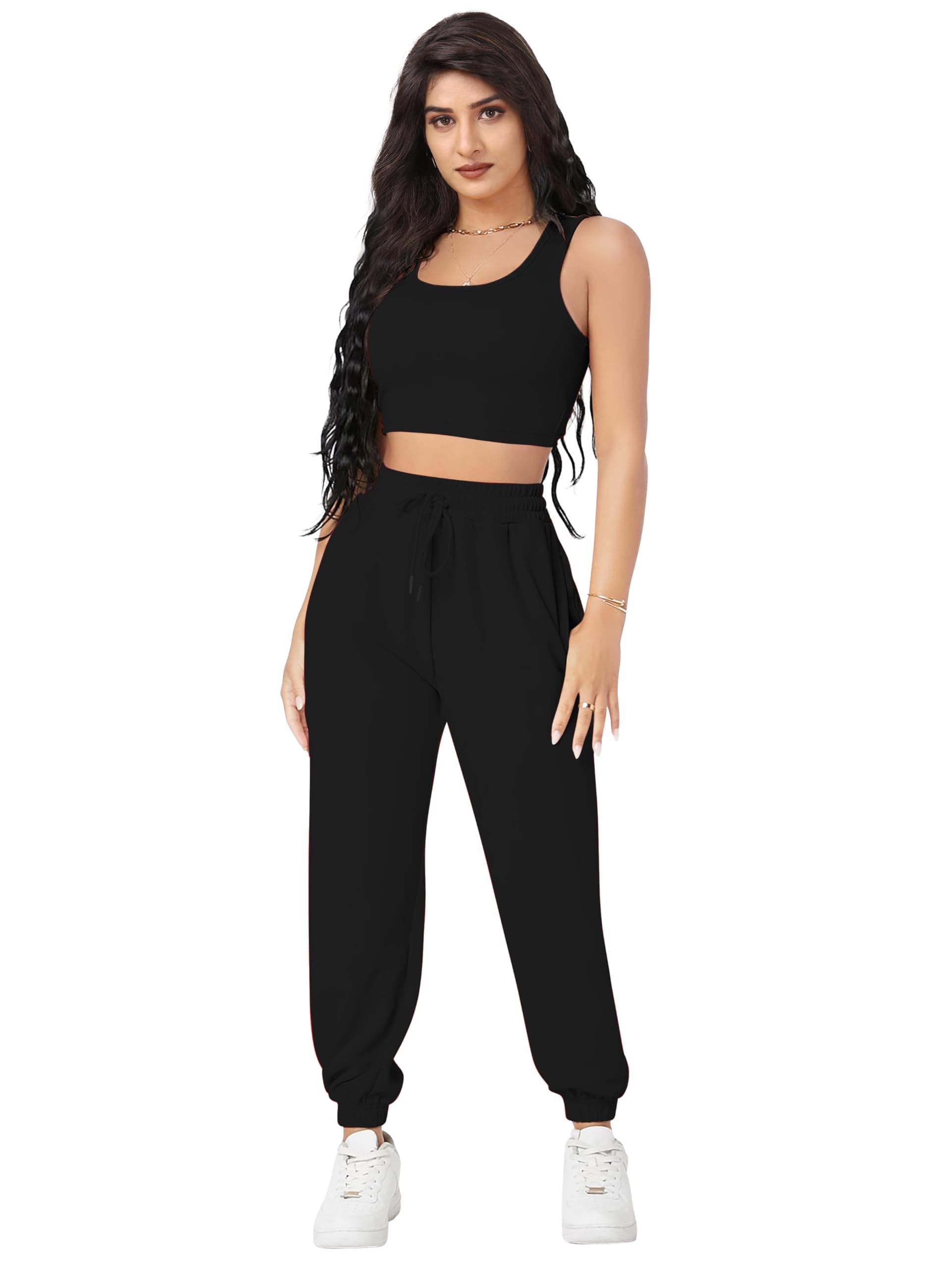TRILLMIXA Black Round Neck Crop Top and Joggers Co-Ords Sets | Girls & Woman Top Bottom Set(DD-13)