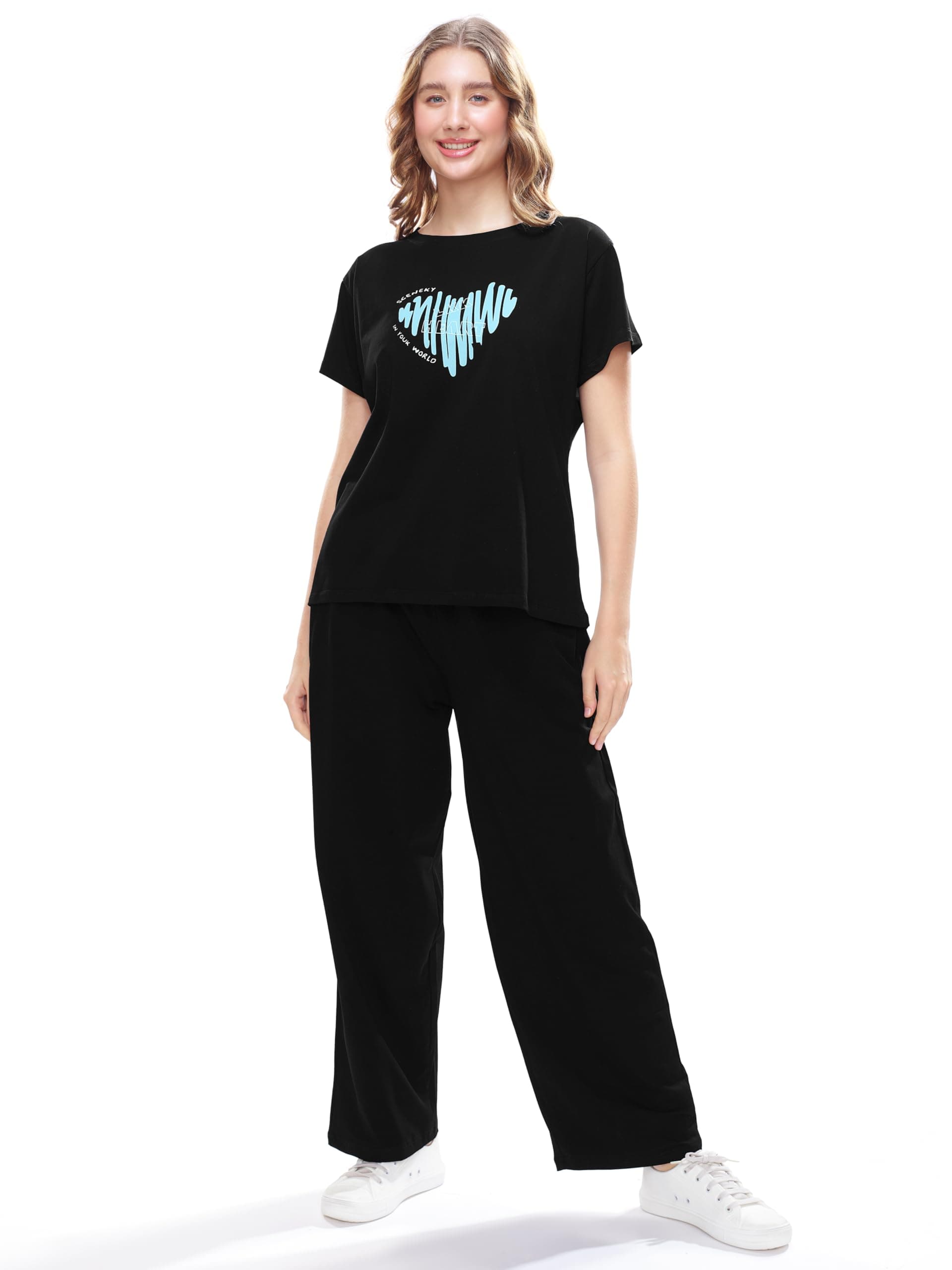 WEET Women’s Printed Round Neck Print T-Shirt and Palazo Pant | Night Suit Set of Top & Pajama Set