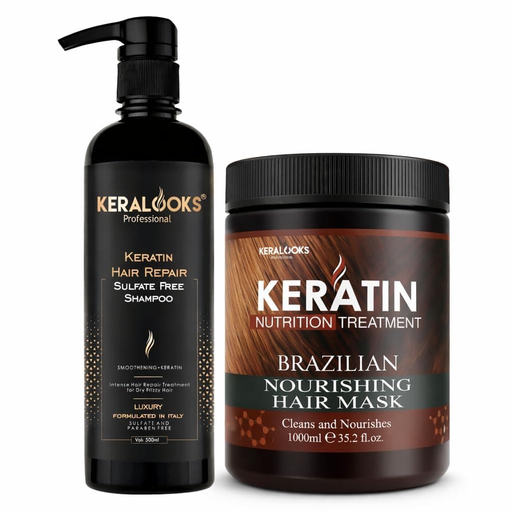 Keralooks professional ® keratin repair sulfate free shampoo 500ml| Brazillian keratin nourishing hair mask 1000ml (COMBO PACK)