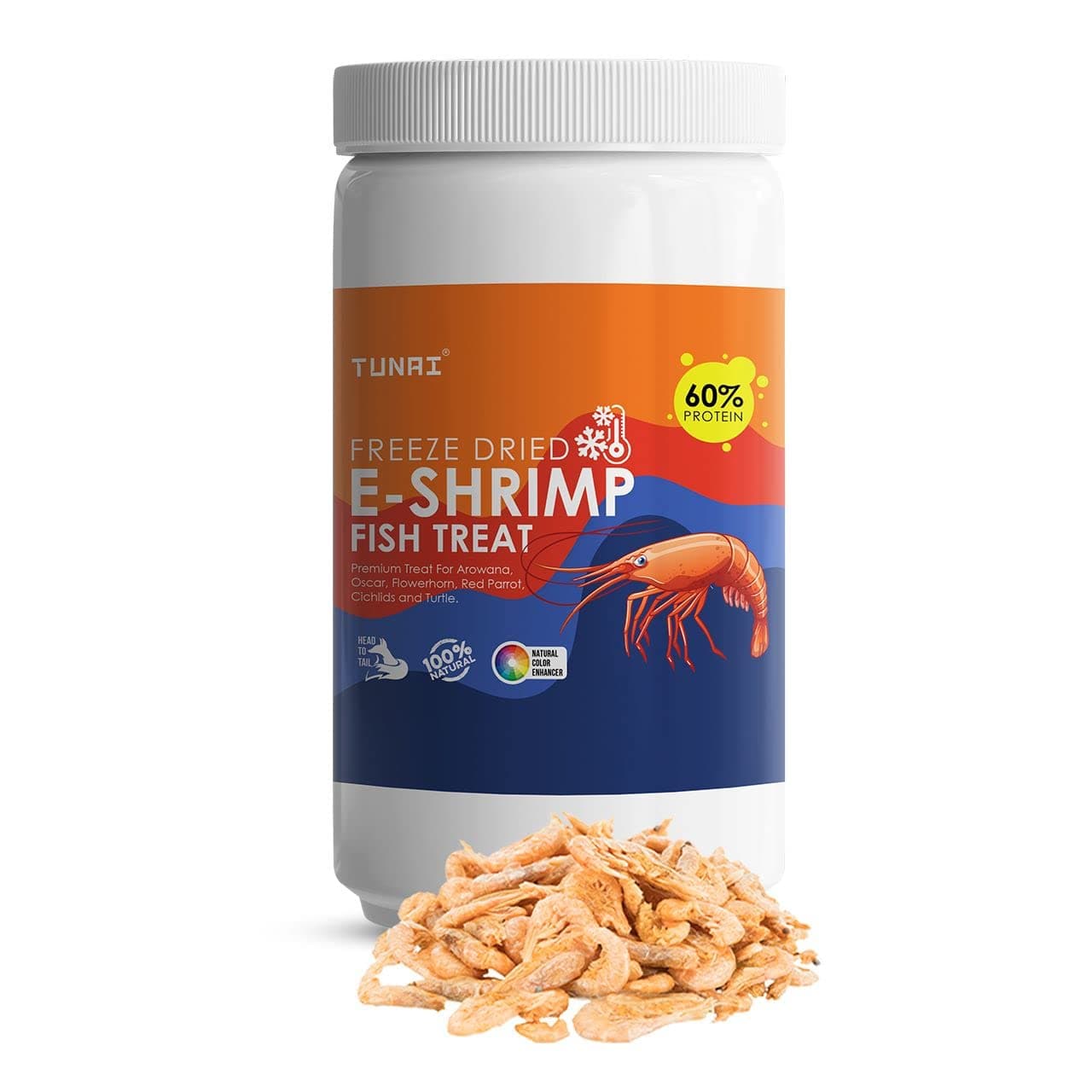TUNAI E-Shrimp Freeze Dried Shrimps with 60% Protein | 110G | Fish Food for Arowana, Flowerhorn, Red Parrot, Oscar, Turtle & Tortoise, All Life Stages