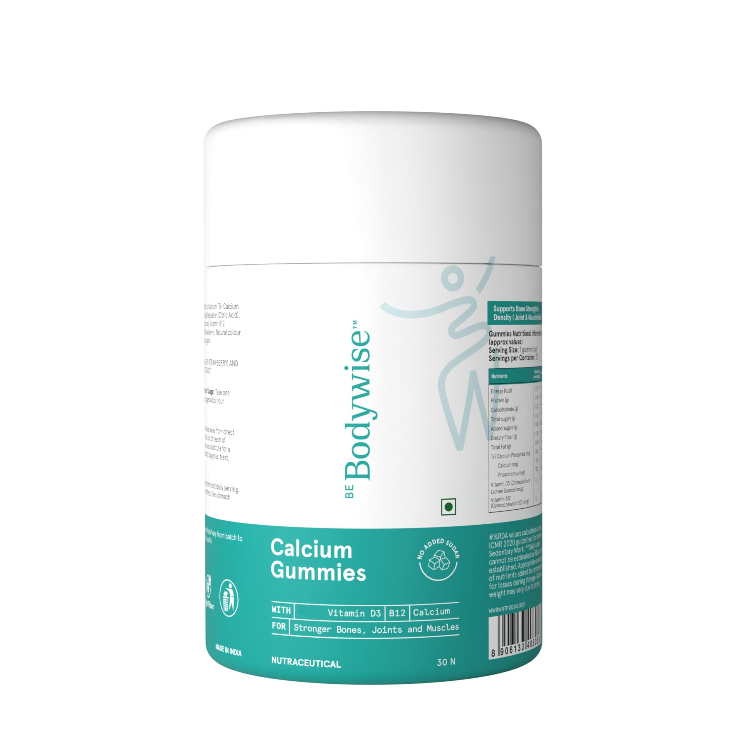Be Bodywise Calcium Gummies | With Vitamin D3, B12 & Chicory Root Fibre | 500mg Calcium/Gummy| Supports Bone Strength, Joint & Muscle Health | Gut-Friendly Formula | No Added Sugar | 30 Gummies