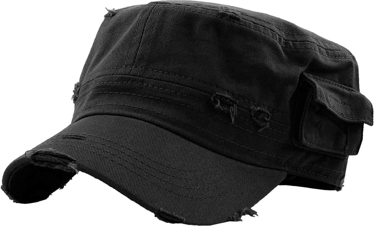 KBETHOS Cadet Army Cap Basic Everyday Military Style Hat (Medium, (Distressed Pockets) Black)