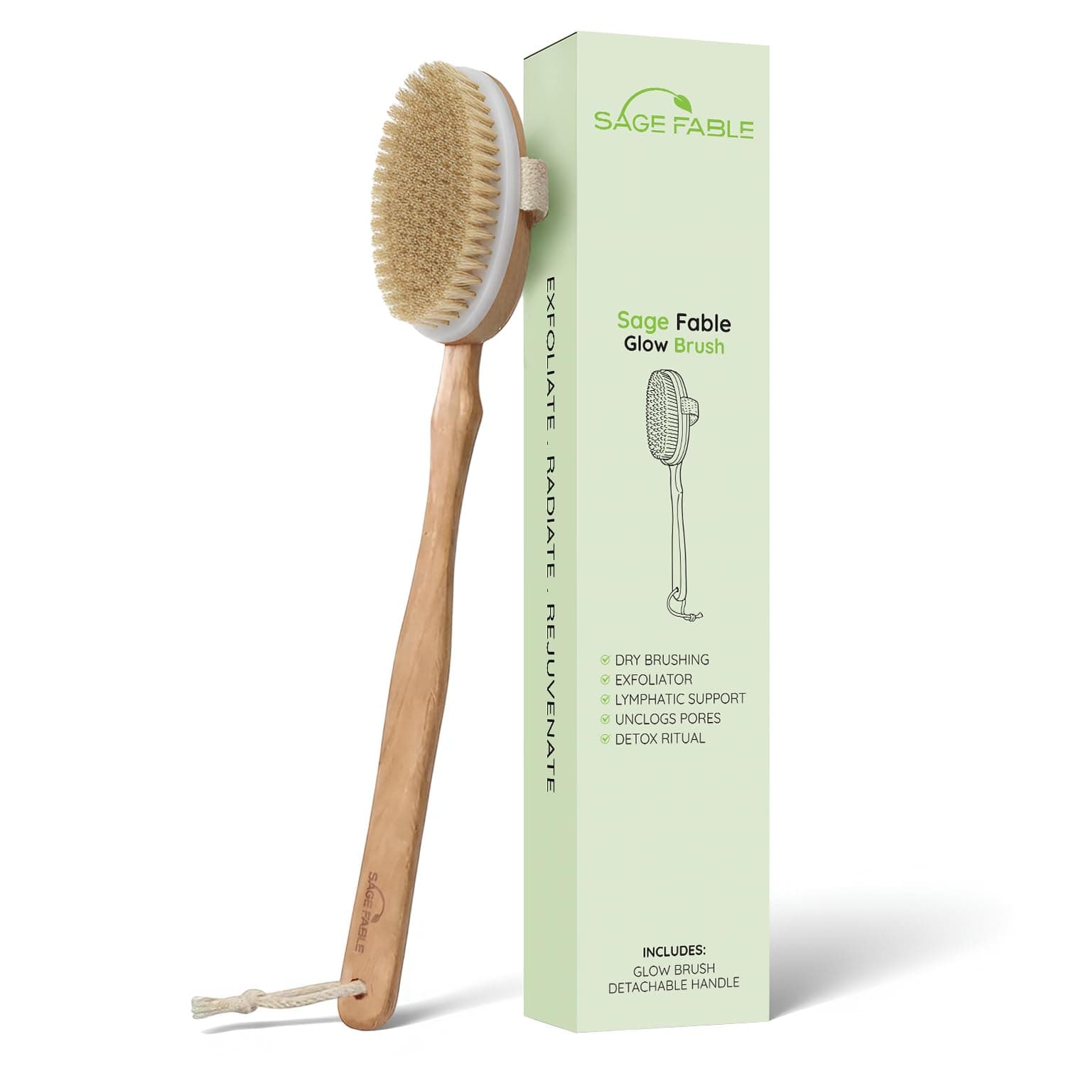 Sage Fable GlowBrush: Dry Body Brush for Lymphatic Drainage & Glowing Skin with Detachable Long Handle - Manage Cellulite & Exfoliation.