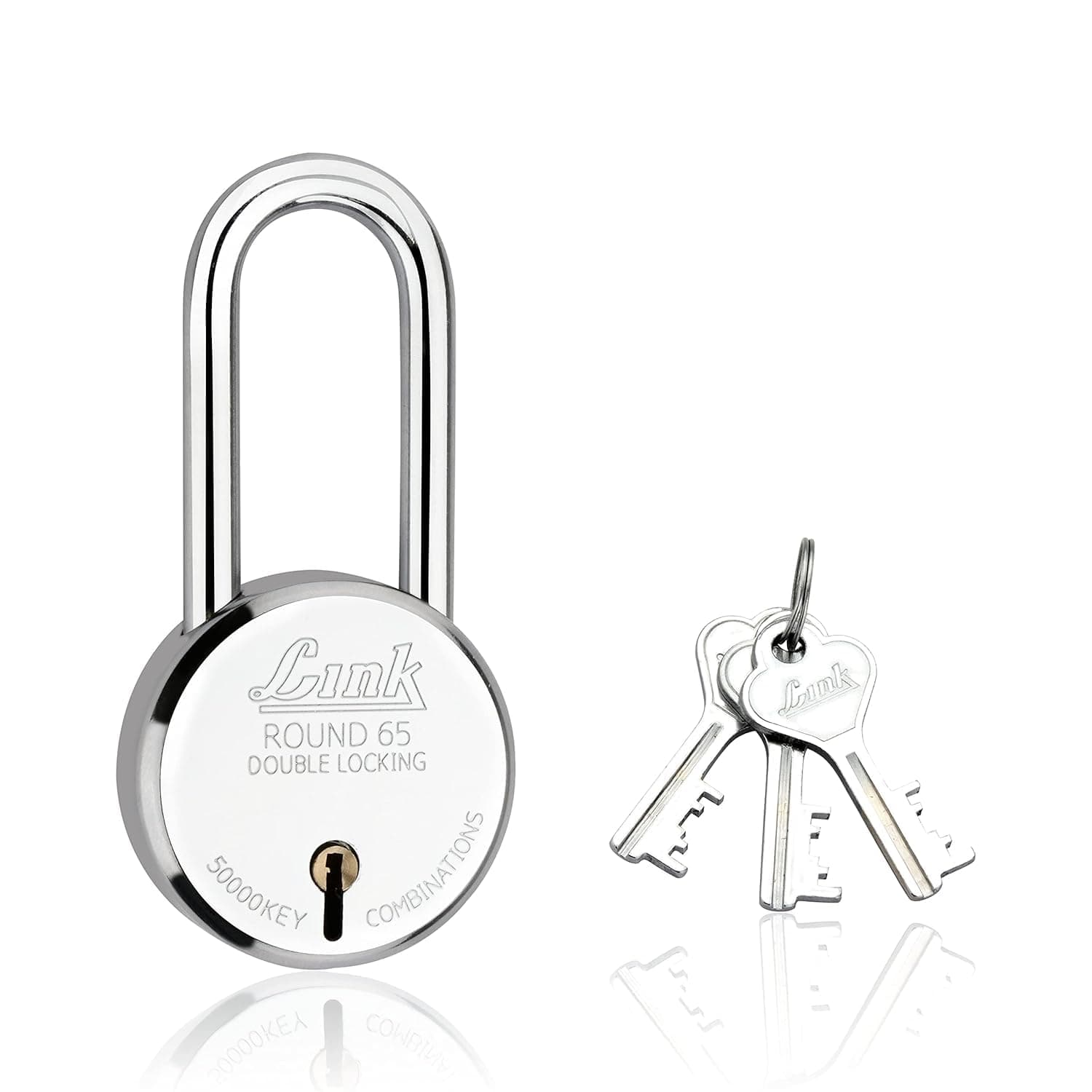 Link Locks| Round 65MM Long Shackle Padlock with 3 Keys |Lock for Main Door, Gate, Shops, Office| Silver Finish |2 Years Warranty