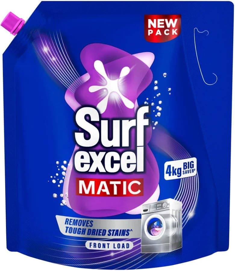 Surf Excel Matic Front Load Liquid Detergent 4L Refill Pouch, Specially designed to remove Tough Dried Stains, 1st time in Washing Machine