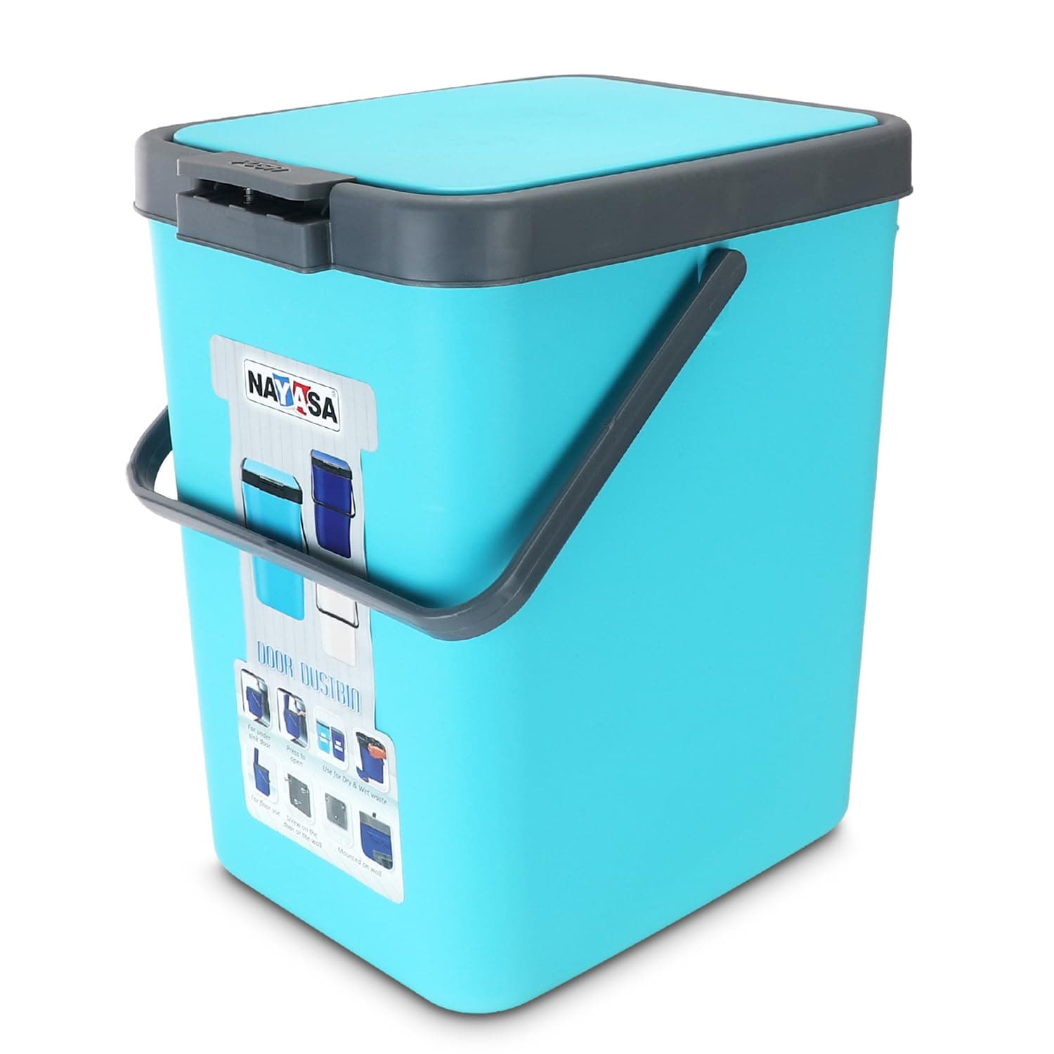 Nayasa Door Dustbin Big – 18 L Plastic Press Top Waste Bin | Multipurpose Trash Can for Home, Kitchen, Bathroom, Office | Durable Garbage Bin with Lid | Turquoise Blue