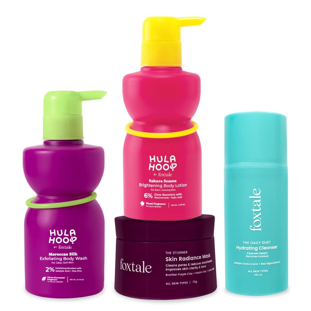 Hula Hoop Cool & Clear Combo by Foxtale | Exfoliating Body Wash, Skin Radiance Mask, Hydrating Face Wash & Brightening Body Lotion | Fights Sweat, Clogged Pores, Body Acne & Tan for Fresh, Smooth & Glowing Skin
