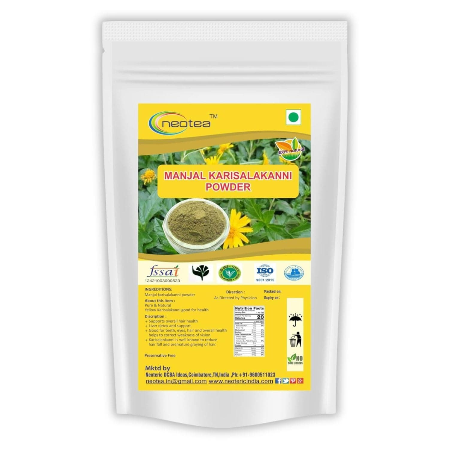 Neotea Manjal Karisalankanni Powder 300g (10.58 oz) | Turmeric & Karisalankanni (Bhringraj / Eclipta Alba) Ayurvedic Herbal Blend | Supports Hair Growth, Skin & Natural Detox | 100% Pure, Vegan, No Preservatives