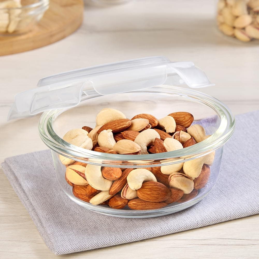Borosil Klip N Store 320ml Round Glass Food Storage Container with Air Tight Lid | Borosilicate Glass Container for Lunchbox | Microwave & Dishwasher Safe | Transparent