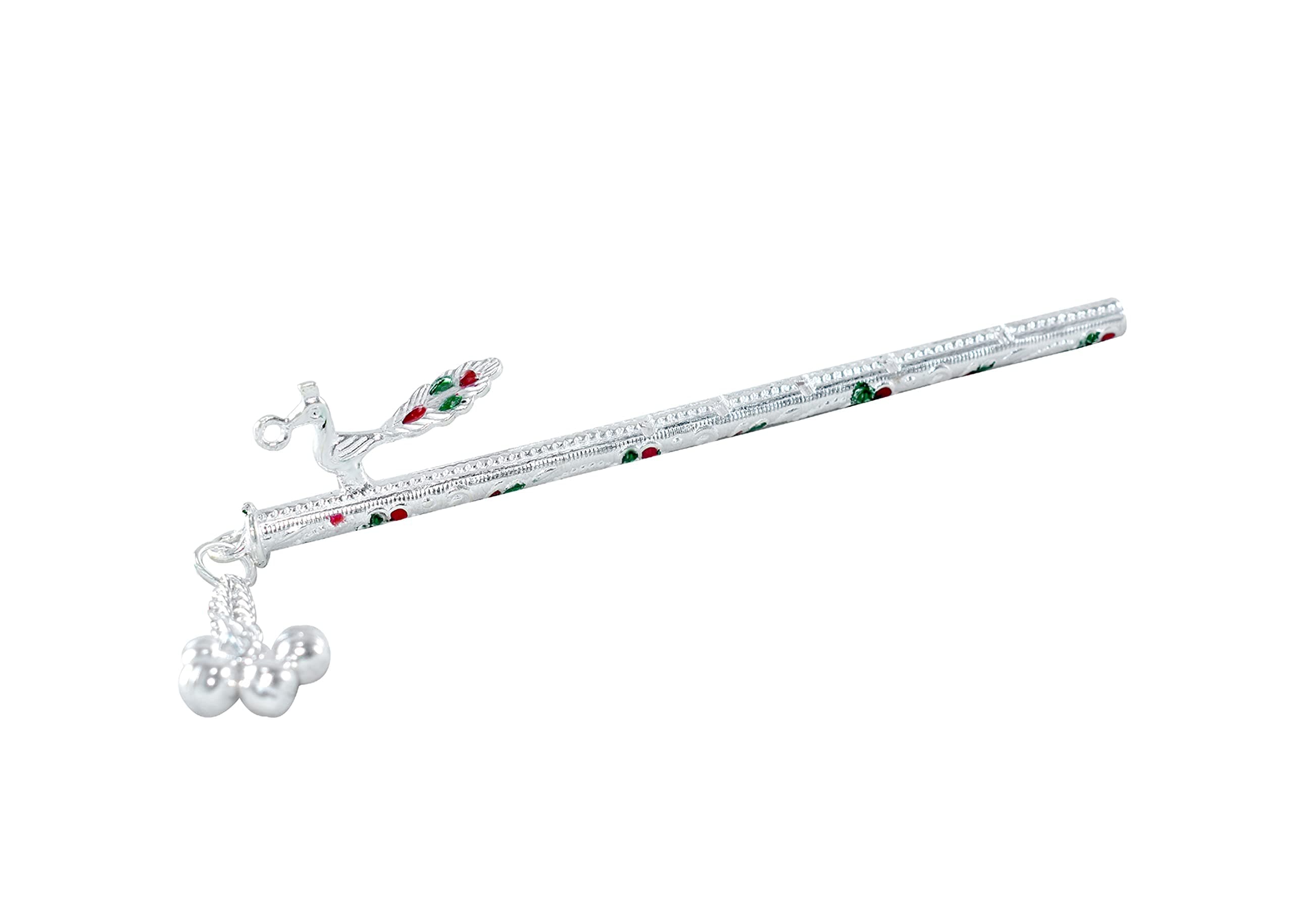 KMJ Pure Silver Peacock Flute/bansuri for Lord Krishna/laddu Gopal ji, Thakur ji and Gifting Purpose Flute (Size : 10.5 cm)