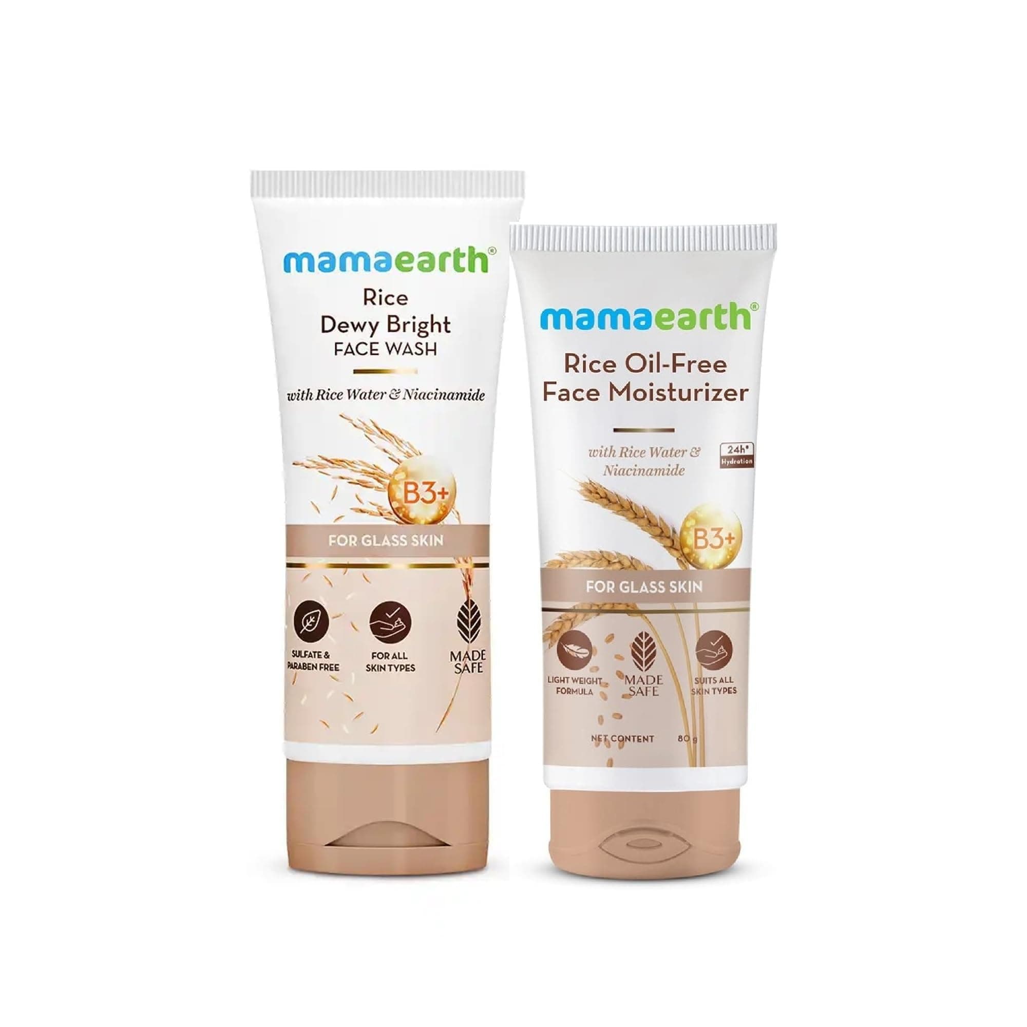 Mamaearth Korean Glass Skin Combo | Rice Face Wash (100 ml) + Rice Oil-Free Moisturizer (80 g) | Hydrates, Brightens, & Evens Skin Tone | Niacinamide & Rice Water | For All Skin Types | Made Safe Certified