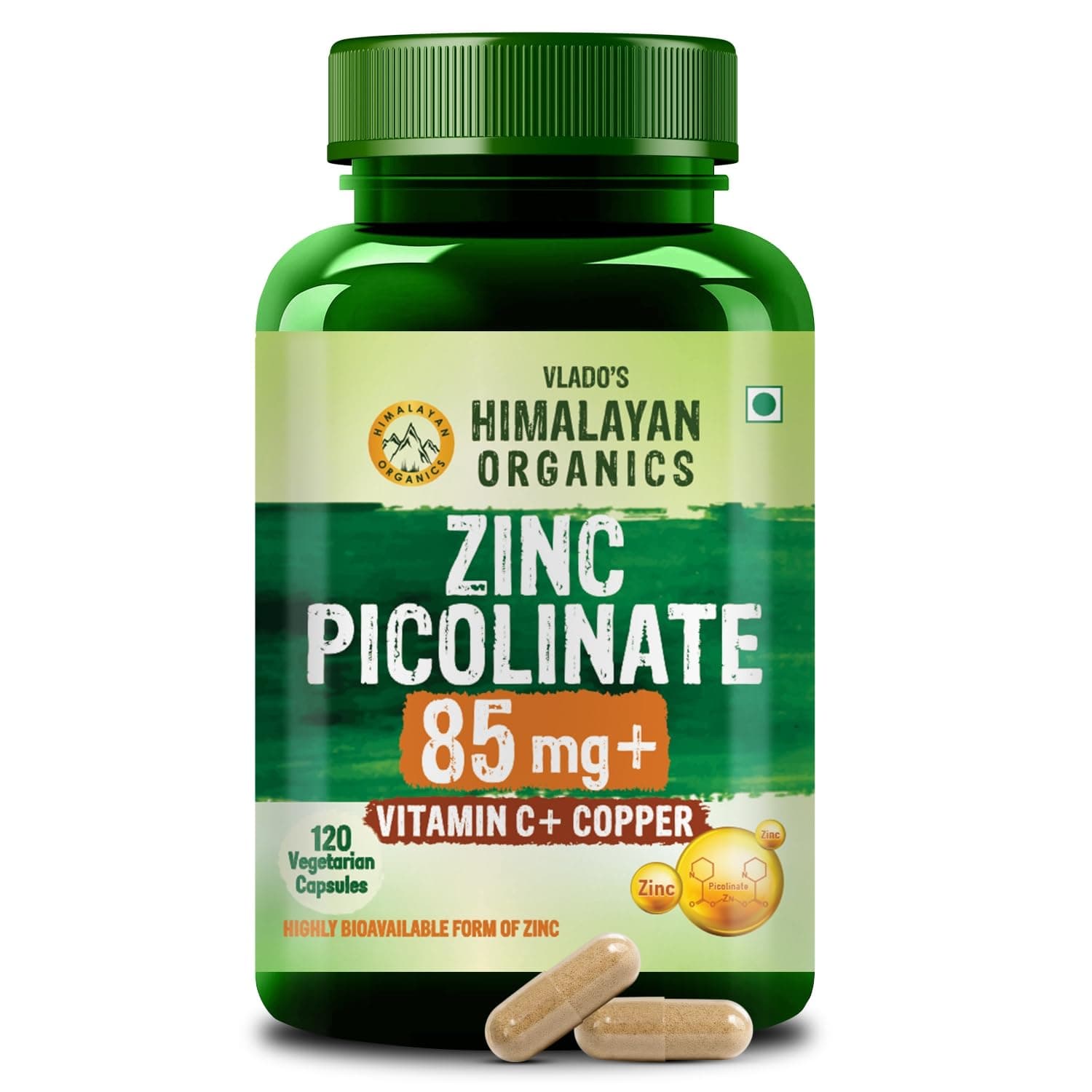 Vlado's Himalayan Organics Zinc Picolinate with Vitamin C & Copper | Zinc Supplements for Men with 100% RDA Zinc | Immunity & Cellular Health Support – 120 capsules