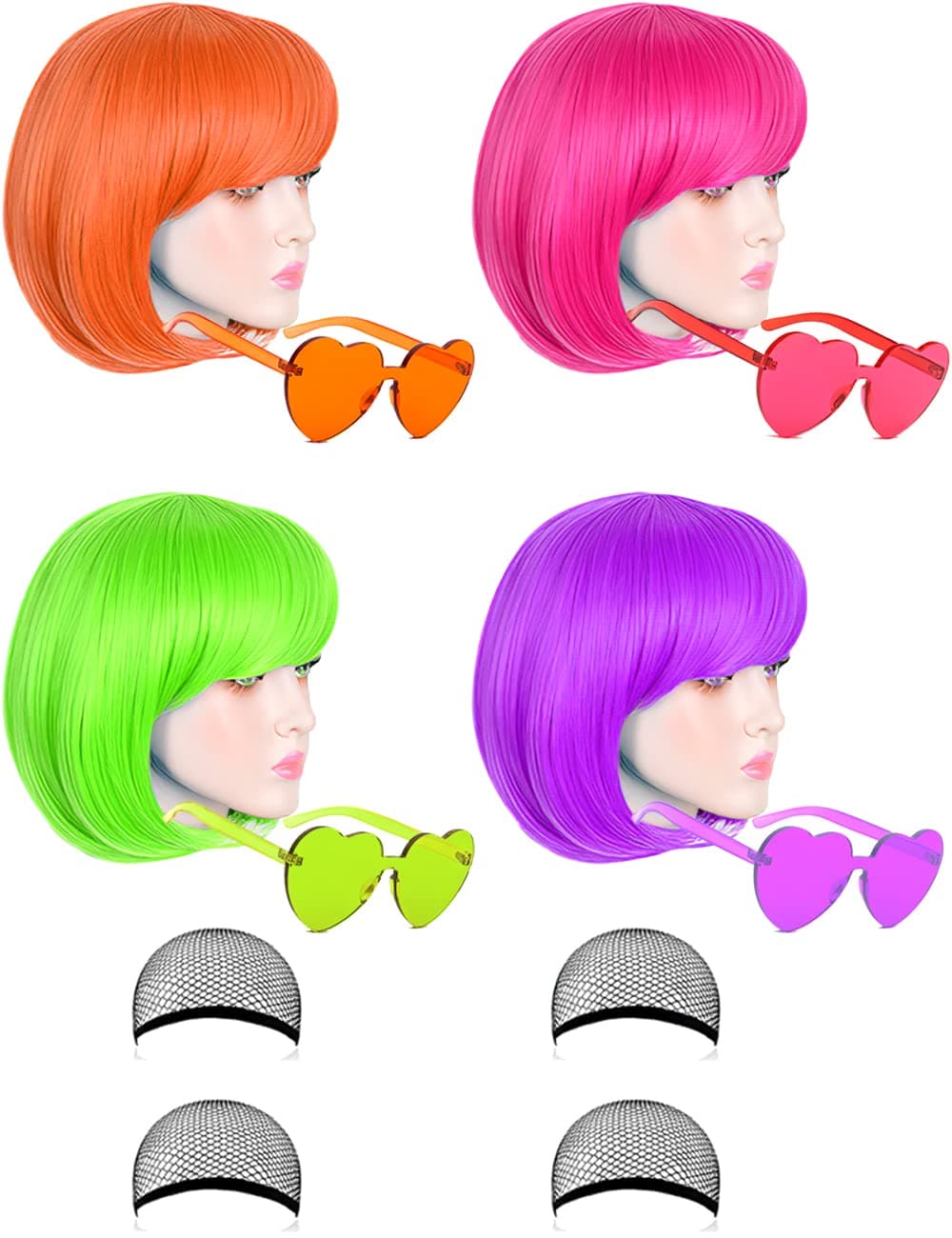 LOHO MAGICA 4 Pack Colored Wigs Neon Colorful Wigs Short Bob Hair Wigs Neon Fun Party Wigs Costume Wigs with Heart Sunglasses, Orange, Hot Pink, Green, Purple, 4 Count (Pack of 1)
