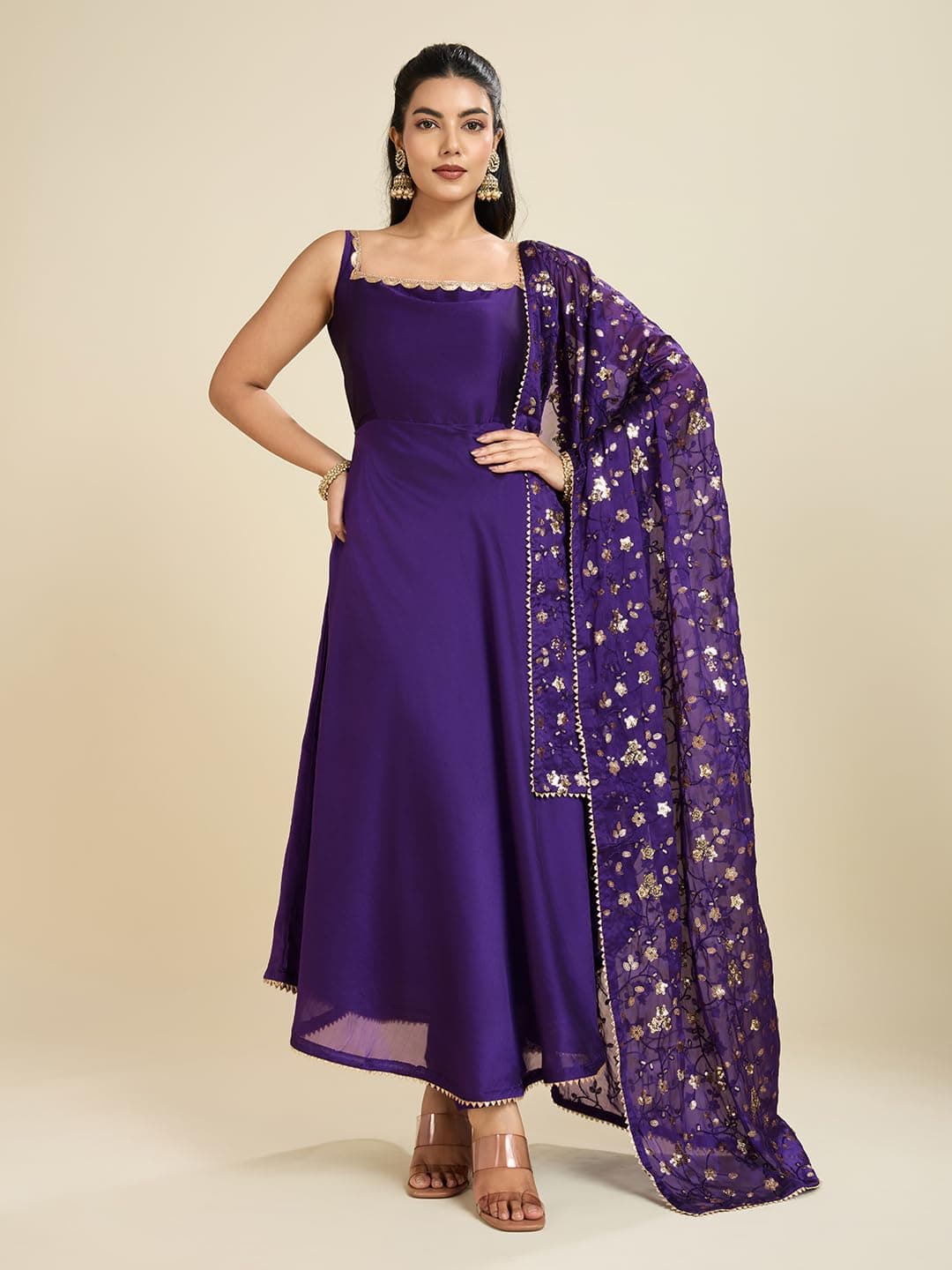 UFB Purple Anarkali Kurta with Embroidered Dupatta, Sleeveless Square Neck Design