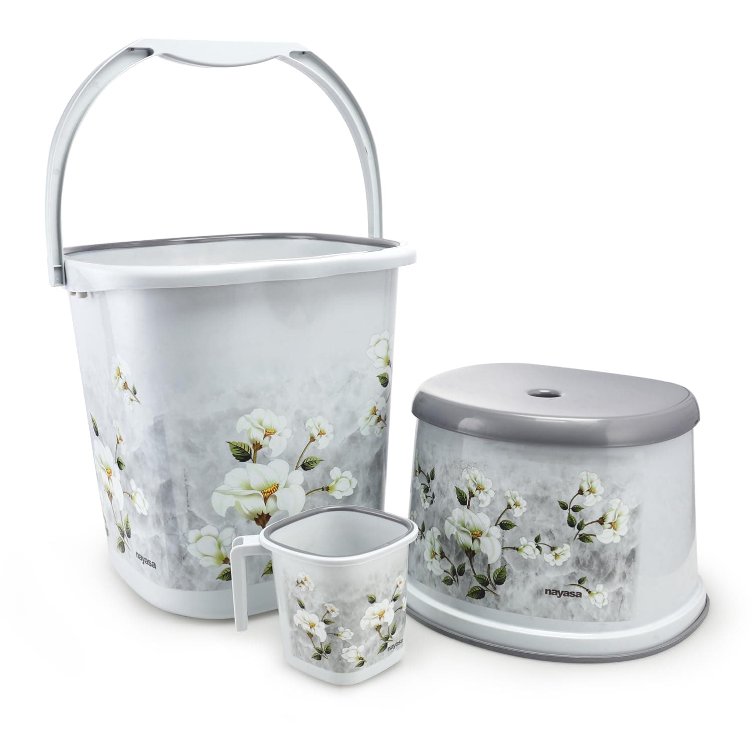 Nayasa Square Ring Marble Plastic Set for Bathroom | 25 Liters Bucket & 1.5 Liters Mug | Bathroom Set of 3 | Accessories Set | Bucket and Mug with Stool | Grey