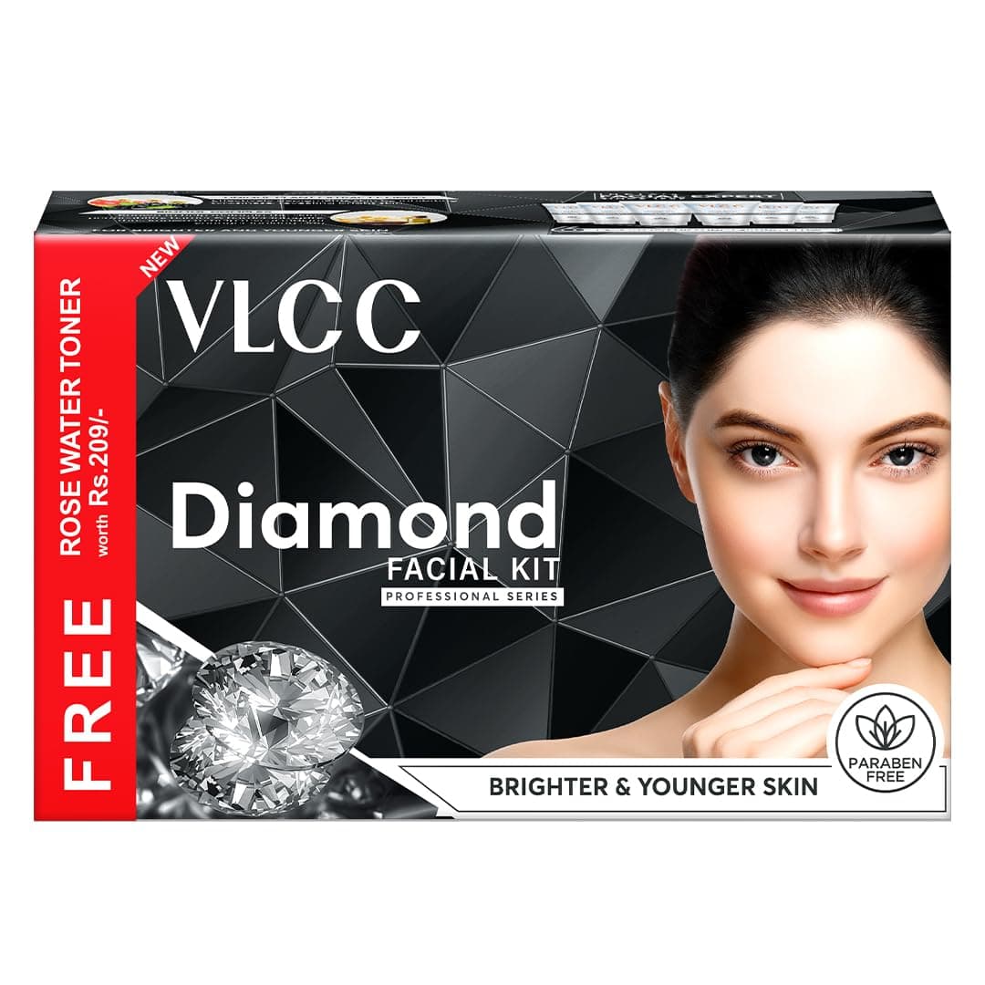 VLCC Diamond Facial Kit with FREE Rose Water Toner - 300g + 100ml | Skin Purifying Facial with Colloidal Diamond, Jojoba Oil, Olive Oil & Aloe Vera. Detoxifying At Home Facial.