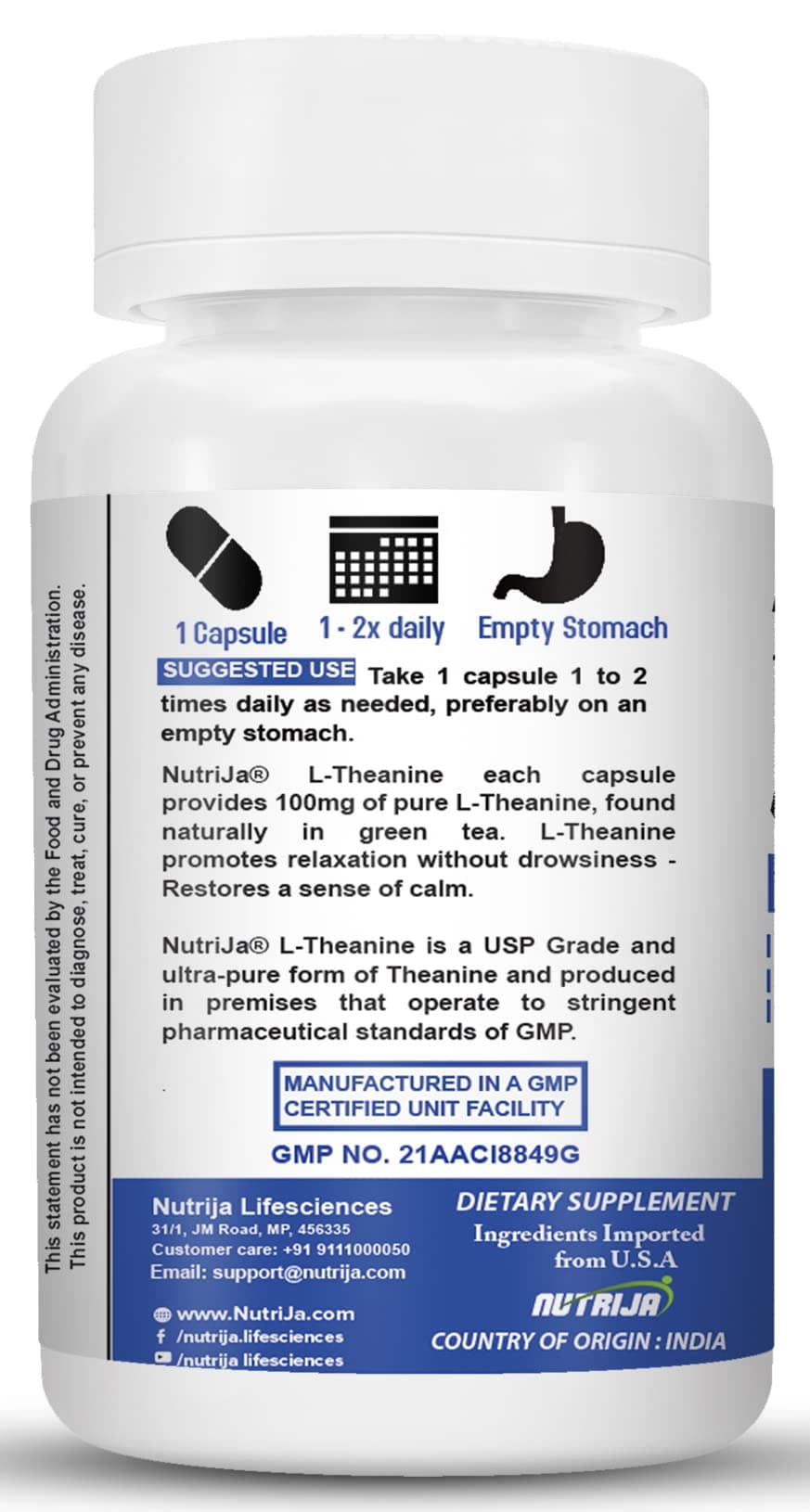 NutriJa L-Theanine 100MG - 60 Capsules | Amino Acid Supplement for Relaxation, Focus & Stress Support
