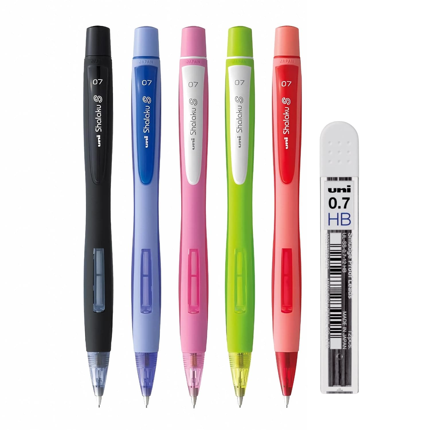 uni-ball Shalaku 0.7mm Mechanical Pencil (M7-228) & 0.7mm HB Lead | Rubberized Body with Unique Side Click Mechanism | Body Color May Vary, Pack of 5
