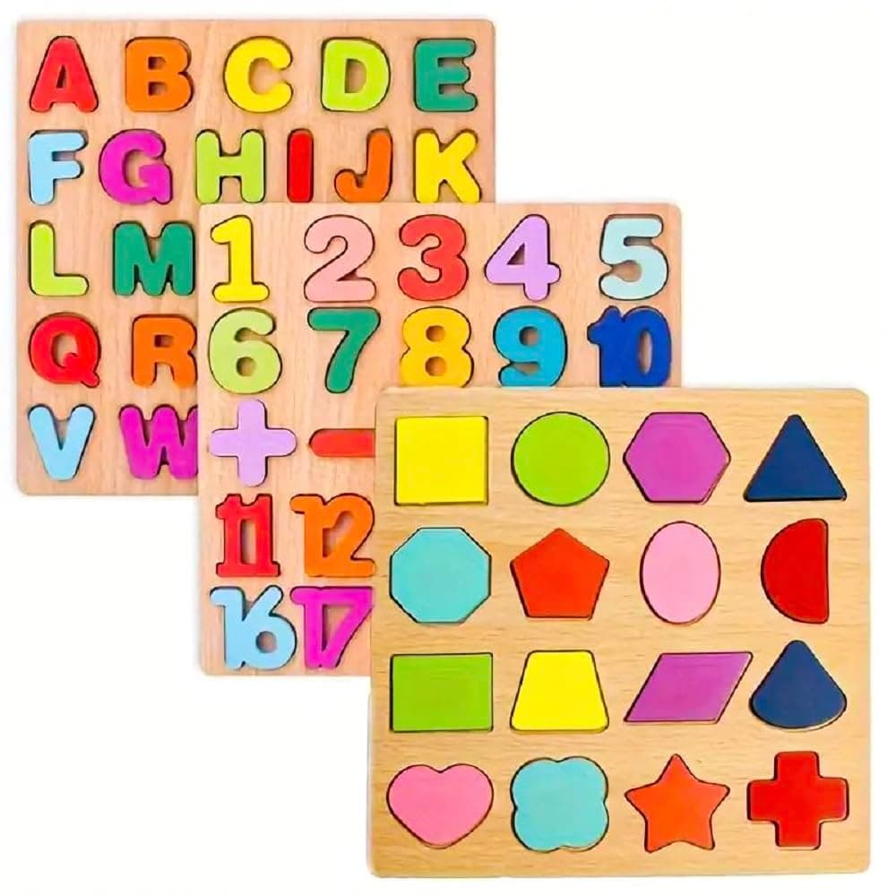3Pcs Wooden Alphabet Number and Shape Puzzle Board Set with Colorful Letters, Numbers and Geometric Shape Pieces