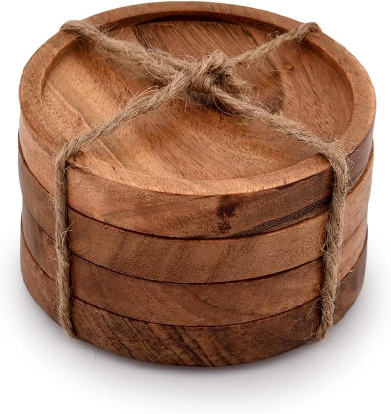 SHAHAZ CRAFTS? Wooden Coasters for Drinks - Natural Acacia Wood Drink Coaster Set for Drinking Glasses, Tabletop Protection for Any Table Type, Set of 4