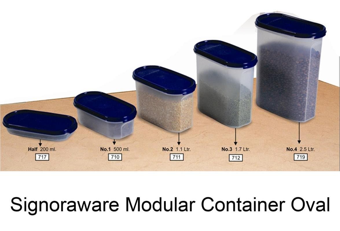 Signoraware Modular Container Oval - 1.1 Litre Plastic Grocery Container (Pack of 6, White, Blue)